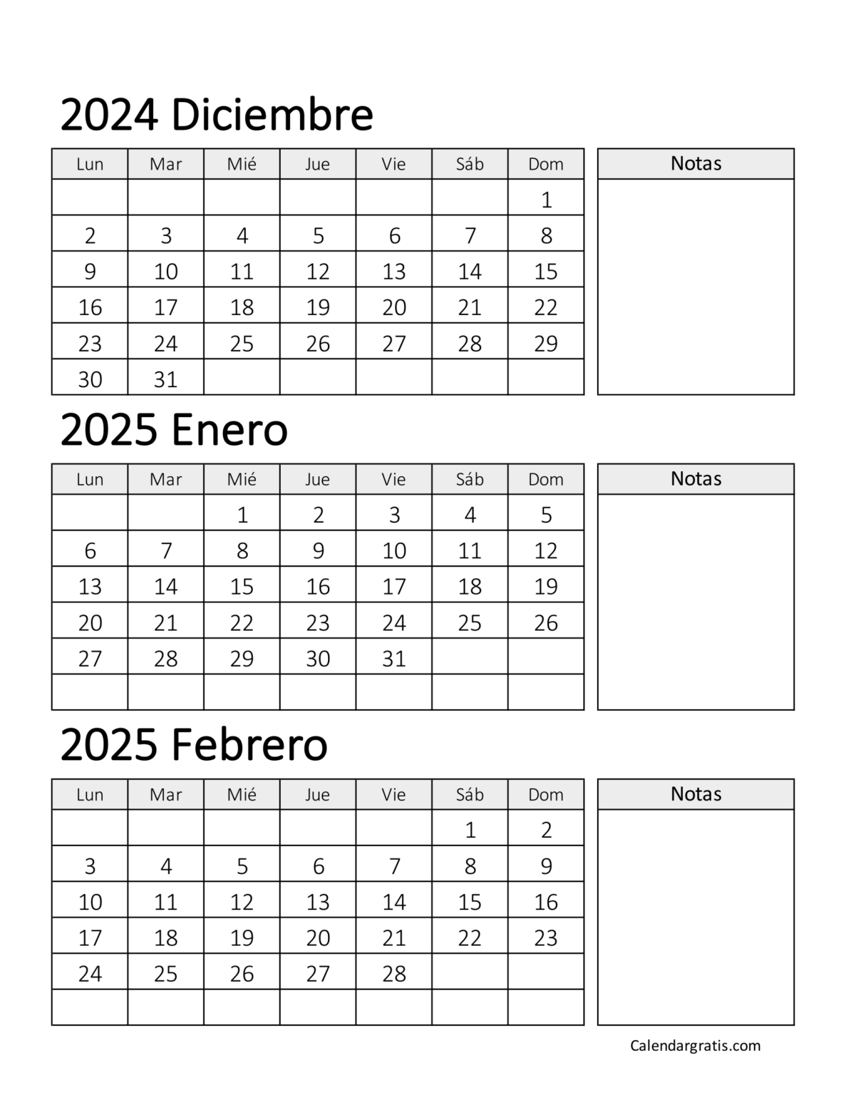 Calendario de diciembre enero febrero 2025 para imprimir gratis