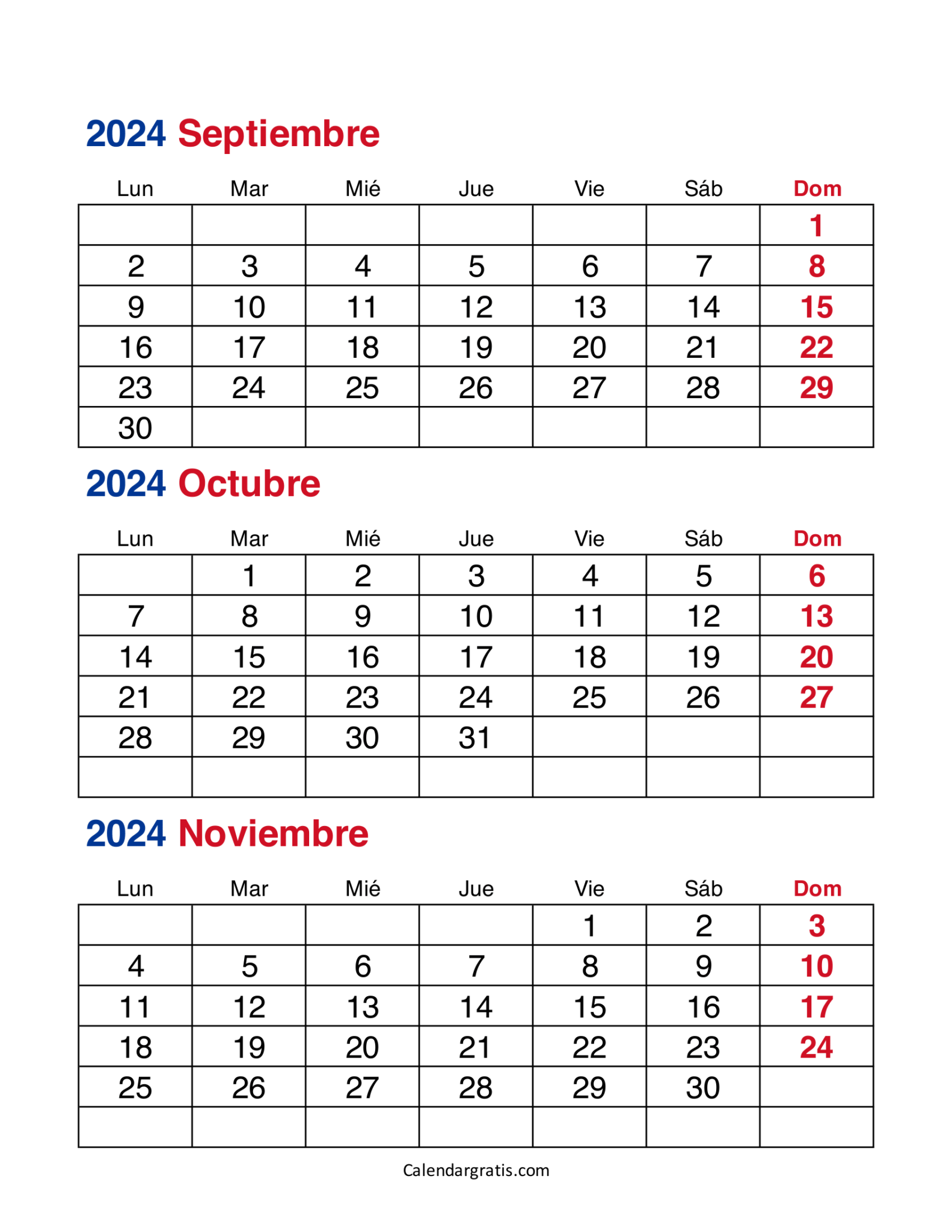 Calendario de septiembre octubre noviembre 2024 para imprimir gratis