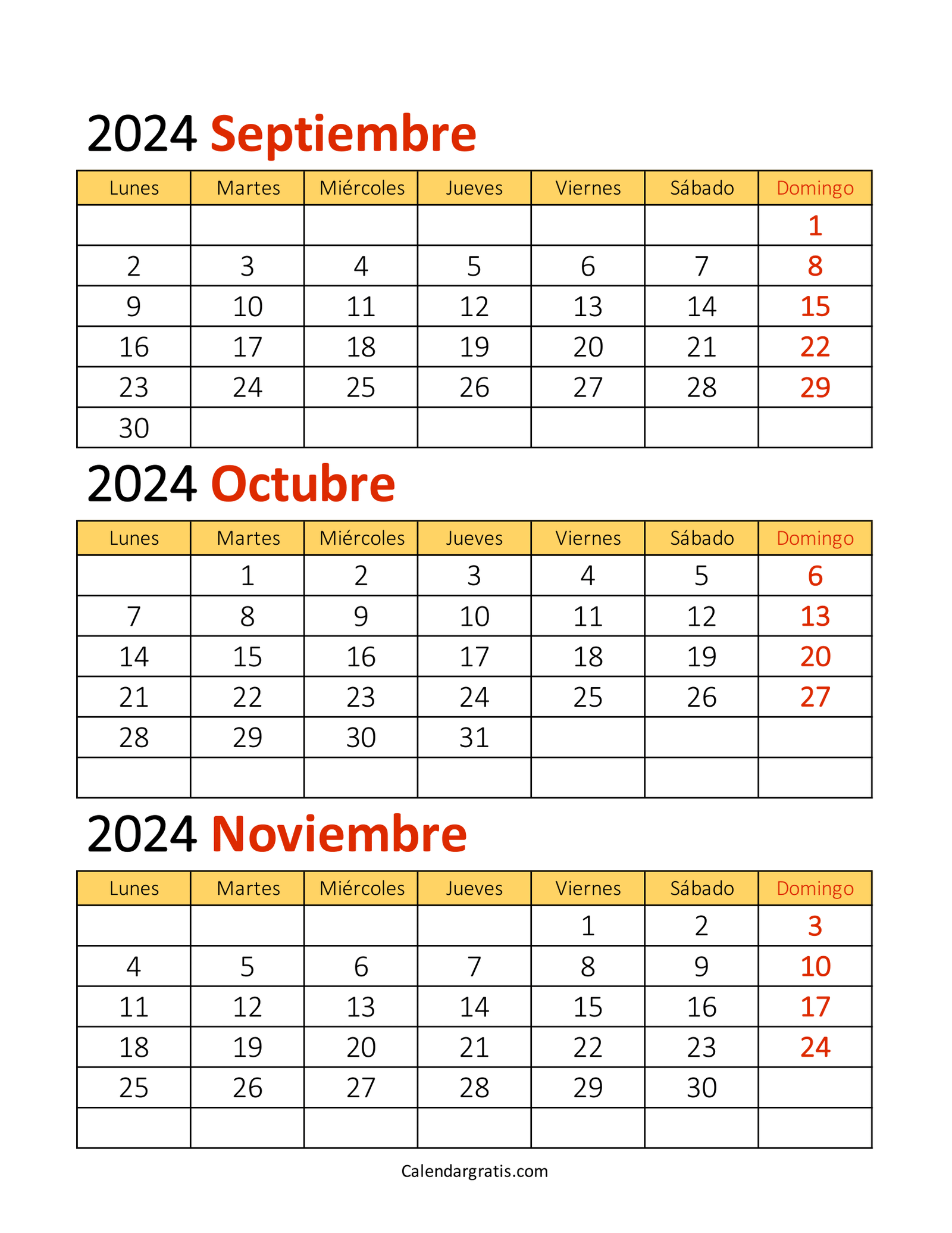 Calendario de septiembre octubre noviembre 2024 para imprimir gratis