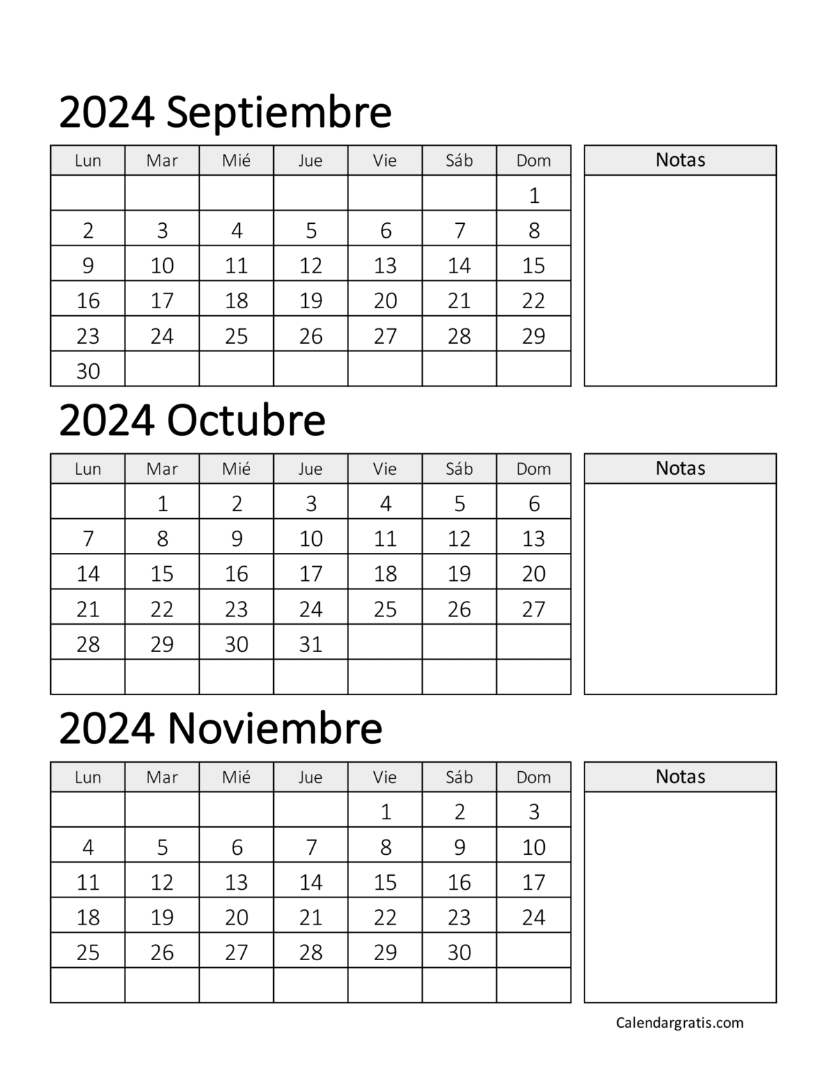 Calendario de septiembre octubre noviembre 2024 para imprimir gratis