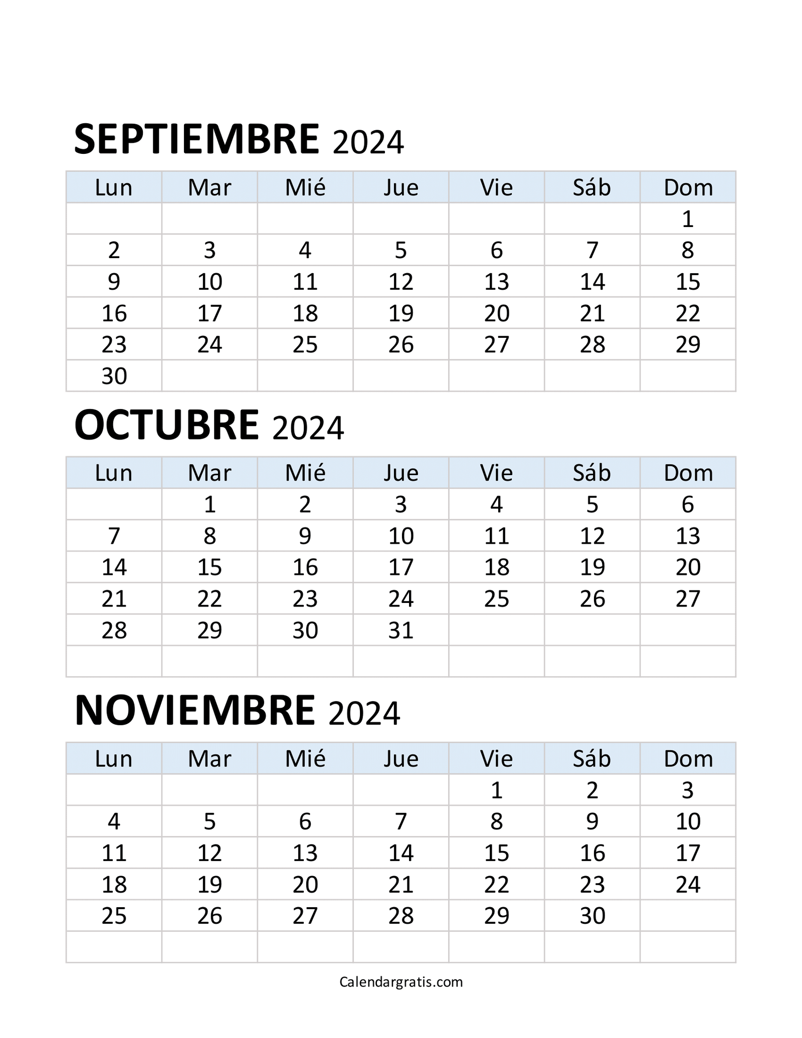 Calendario de septiembre octubre noviembre 2024 para imprimir gratis
