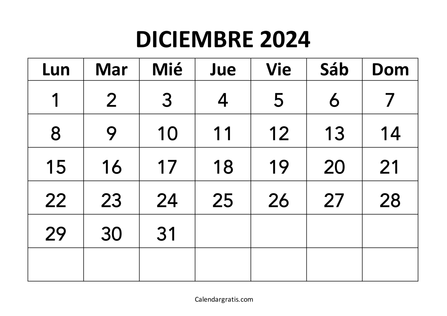 Calendario del mes de diciembre 2024 para imprimir - Excel, PDF y PNG