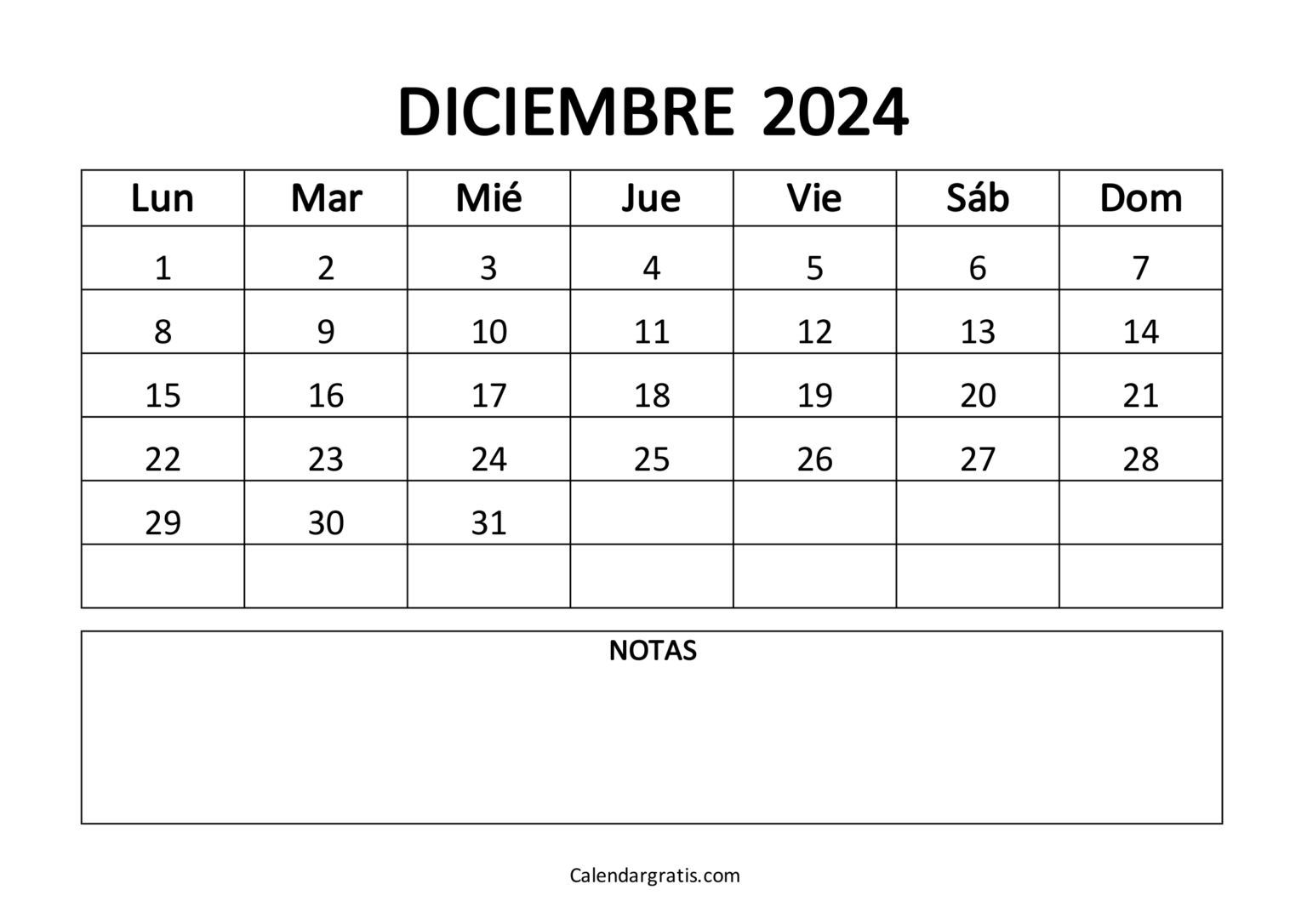 Calendario del mes de diciembre 2024 para imprimir - Excel, PDF y PNG