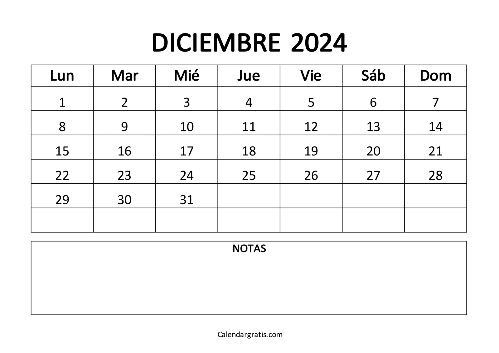 Calendario del mes de diciembre 2024 para imprimir - Excel, PDF y PNG