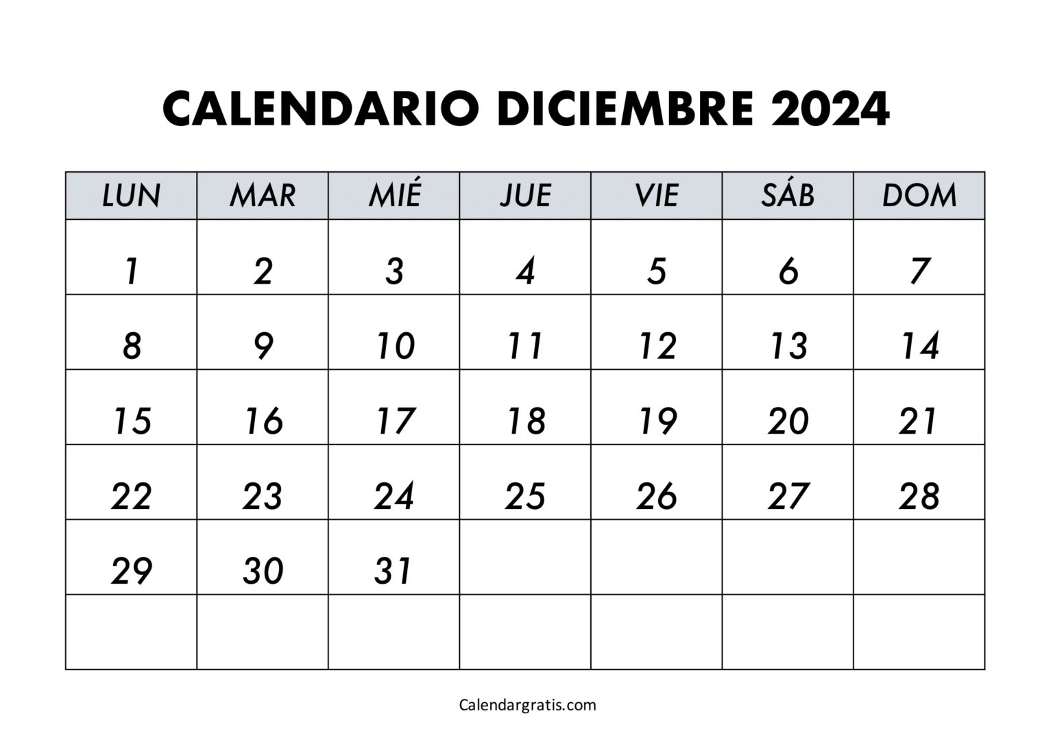 Calendario del mes de diciembre 2024 para imprimir - Excel, PDF y PNG