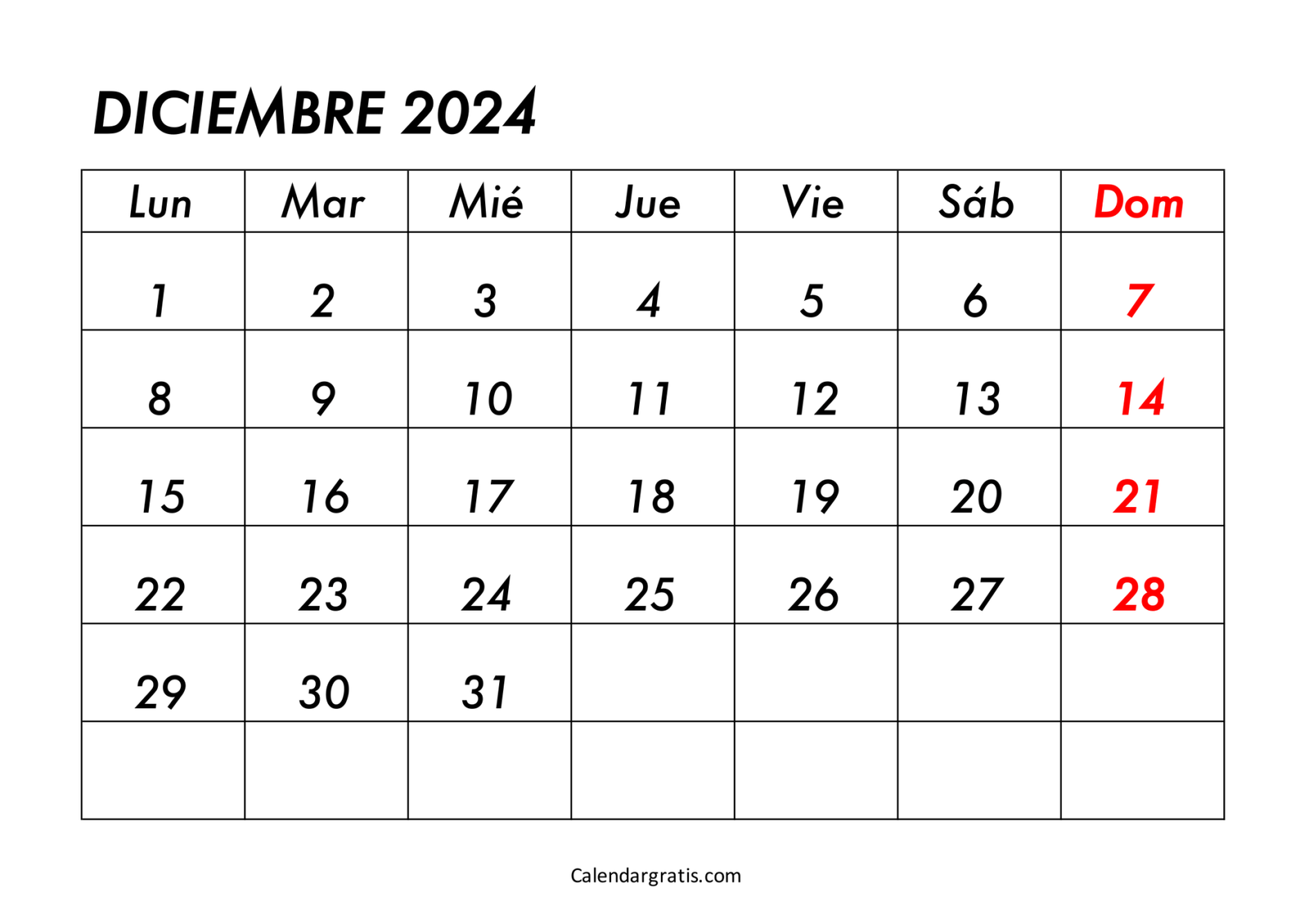 Calendario del mes de diciembre 2024 para imprimir - Excel, PDF y PNG