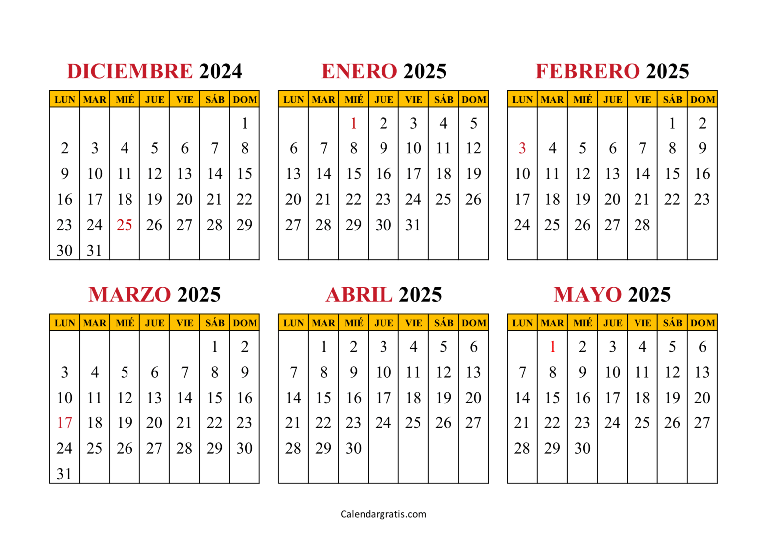Calendario diciembre 2024 a mayo 2025 para imprimir gratis - Excel, PDF ...