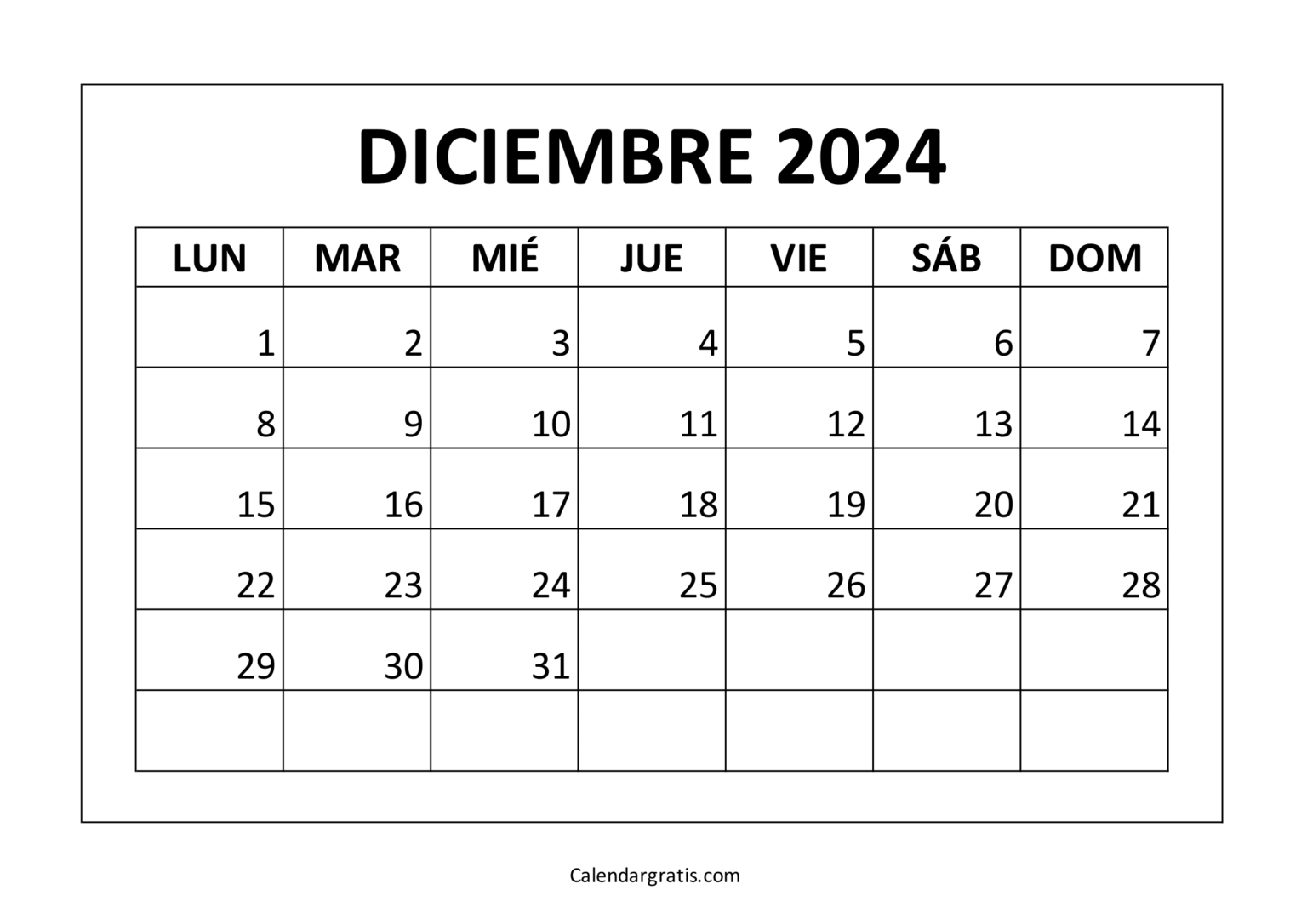 Calendario de diciembre 2024 para imprimir gratis - Excel, PDF y PNG