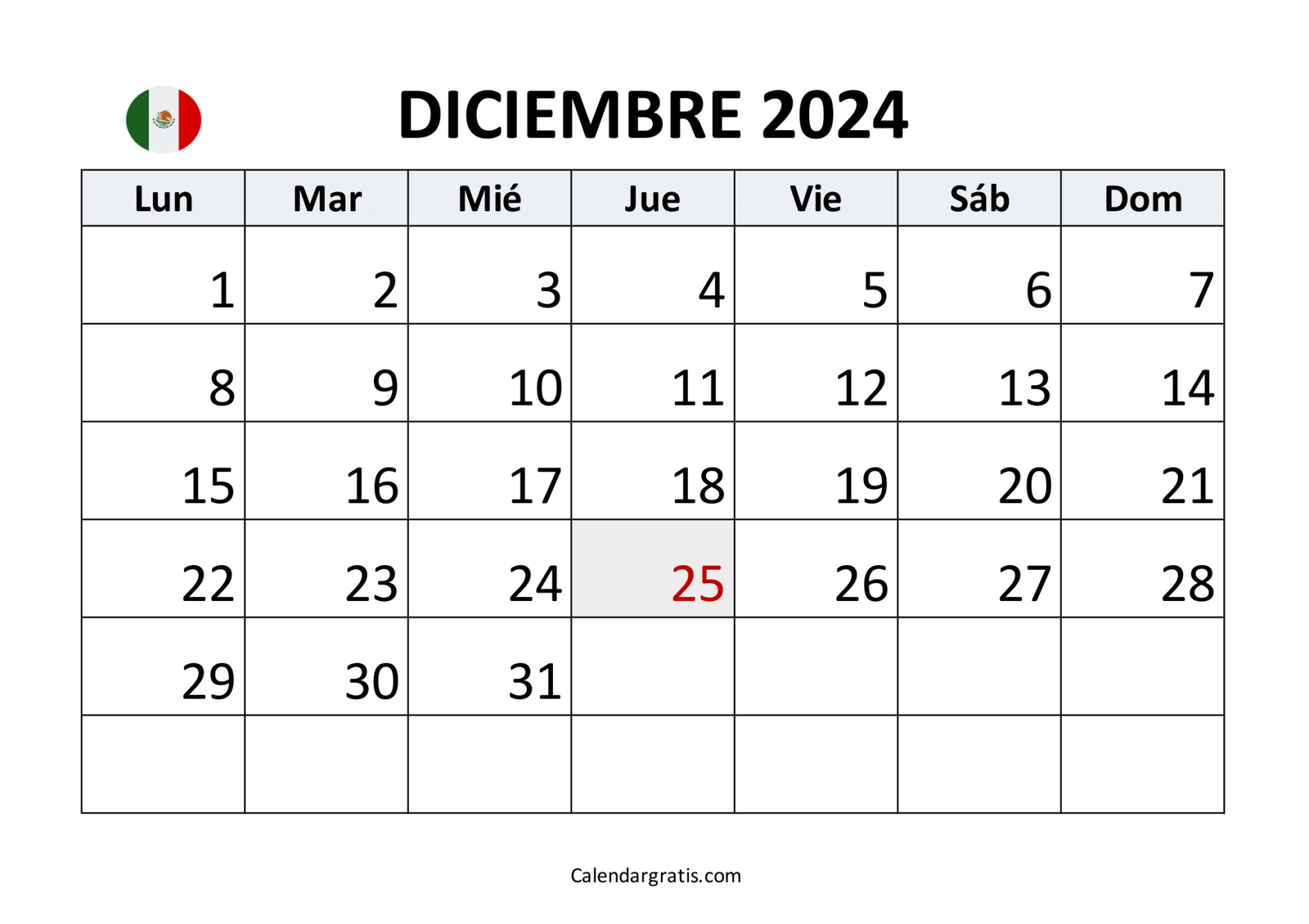Calendario de diciembre 2024 para imprimir gratis - Excel, PDF y PNG