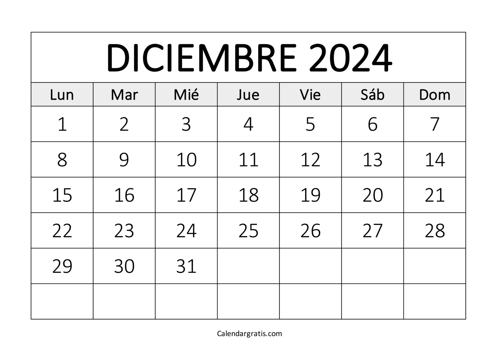 Calendario de diciembre 2024 para imprimir gratis - Excel, PDF y PNG