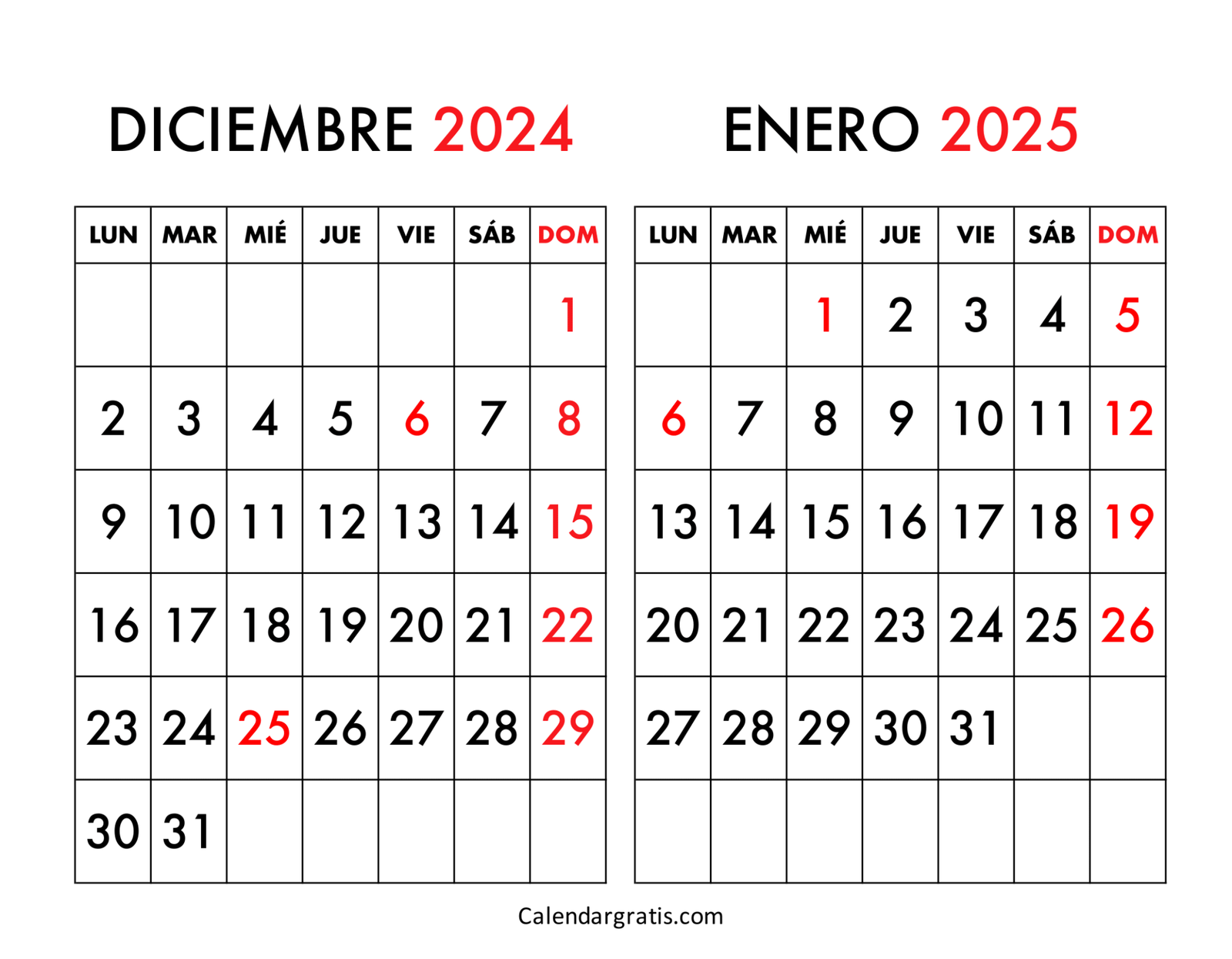 Calendario diciembre 2024 y enero 2025 para imprimir gratis