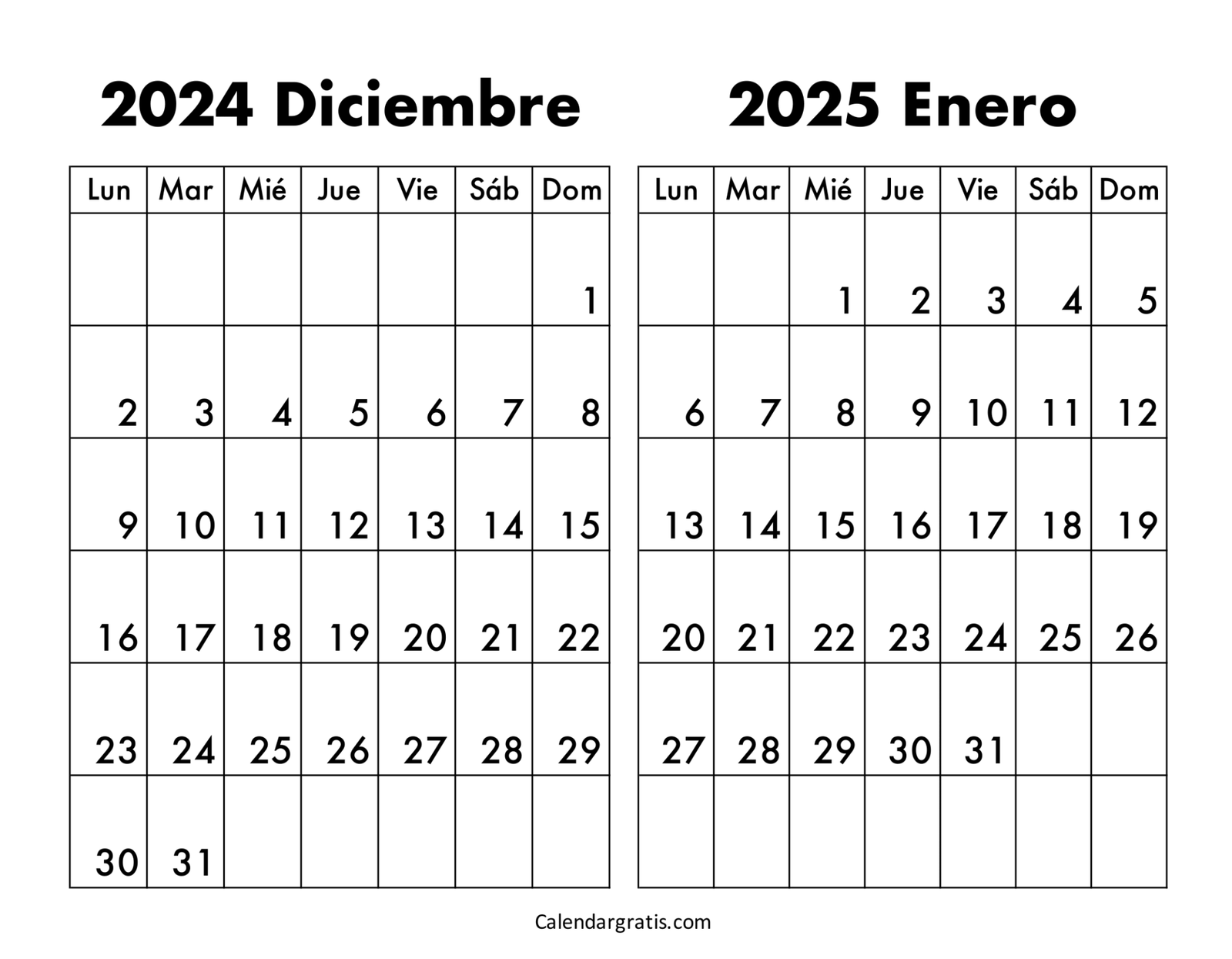 Calendario diciembre 2024 y enero 2025 para imprimir gratis