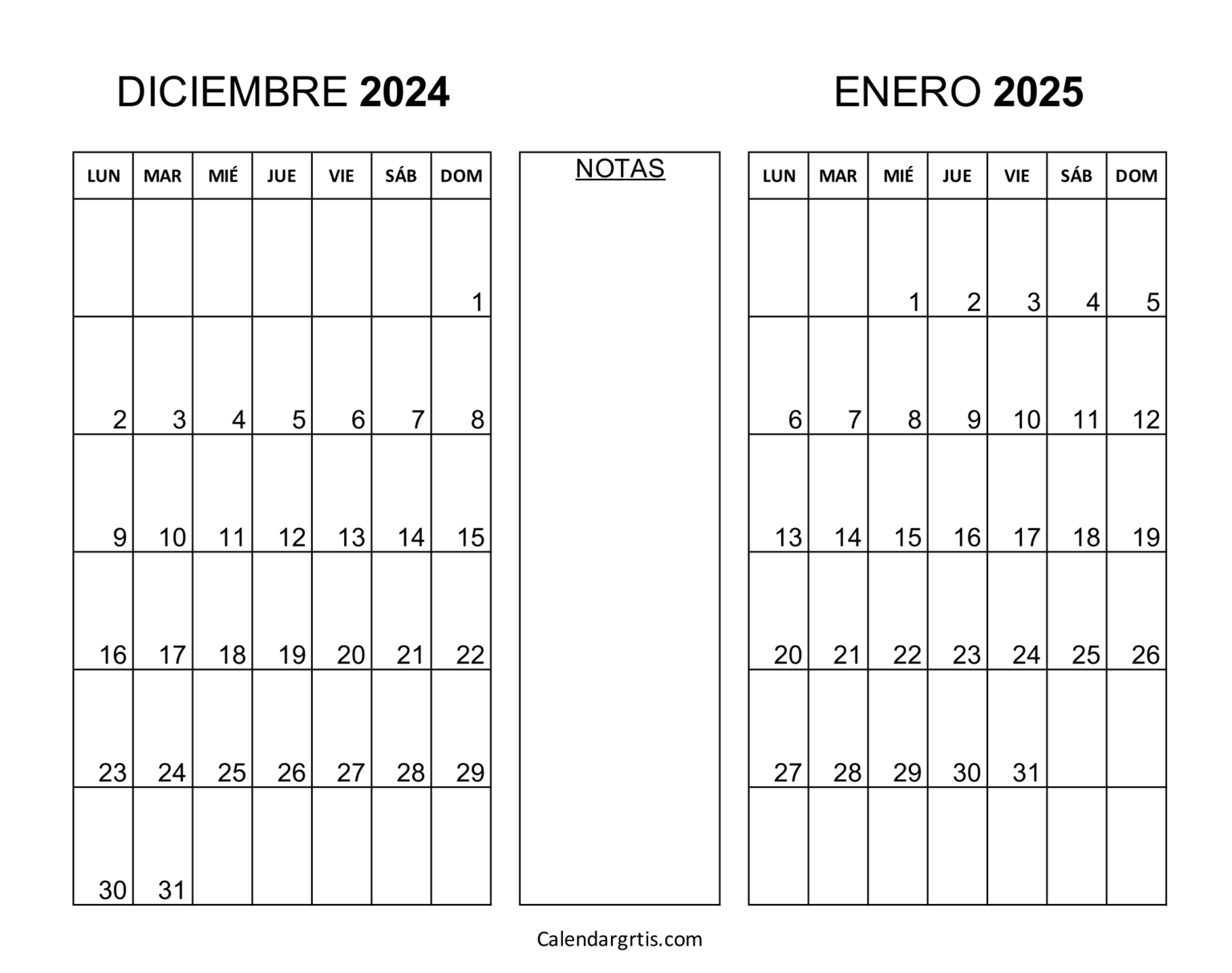 Calendario diciembre enero 2025 - Excel, PDF y PNG