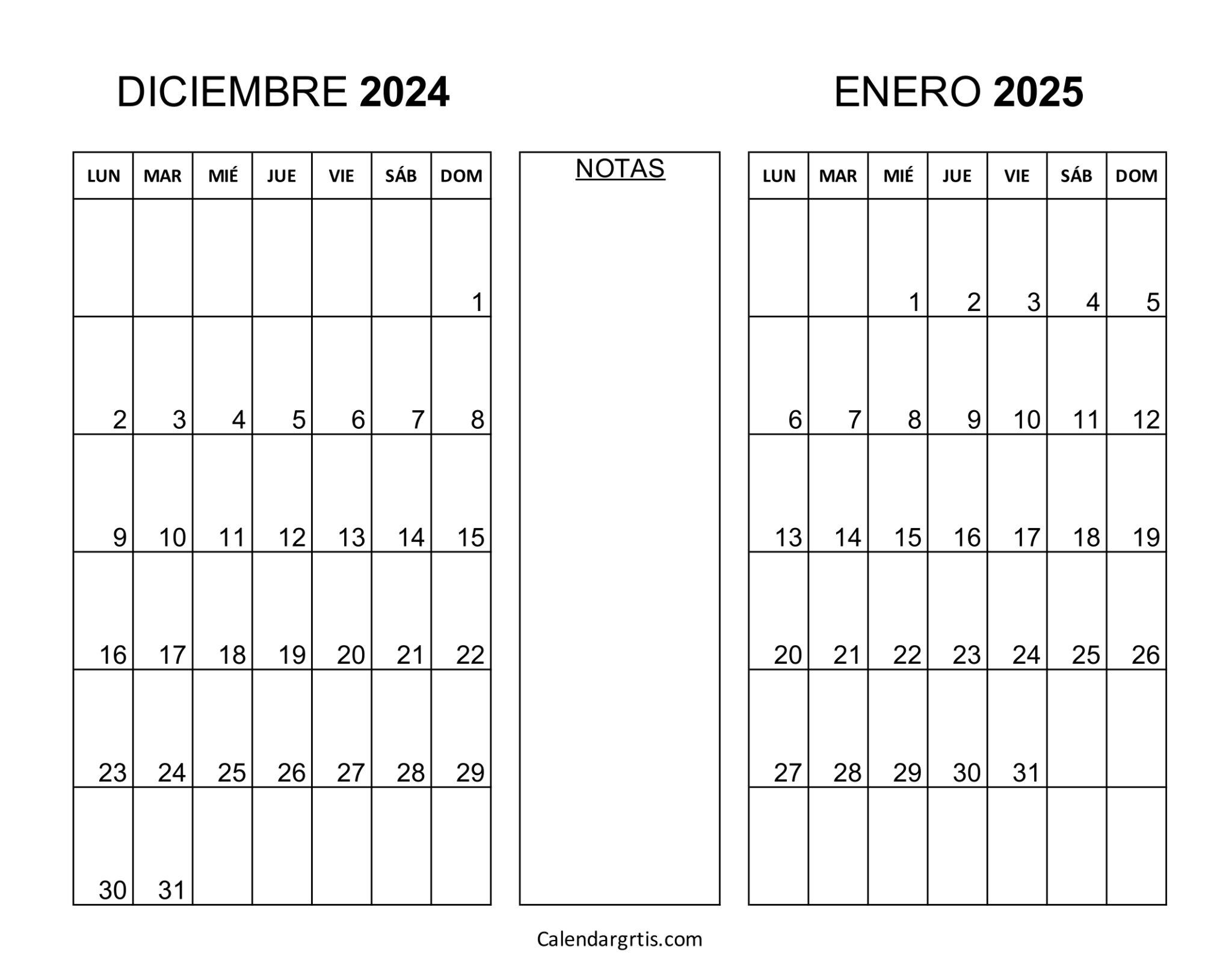Calendario diciembre enero 2025 Excel, PDF y PNG