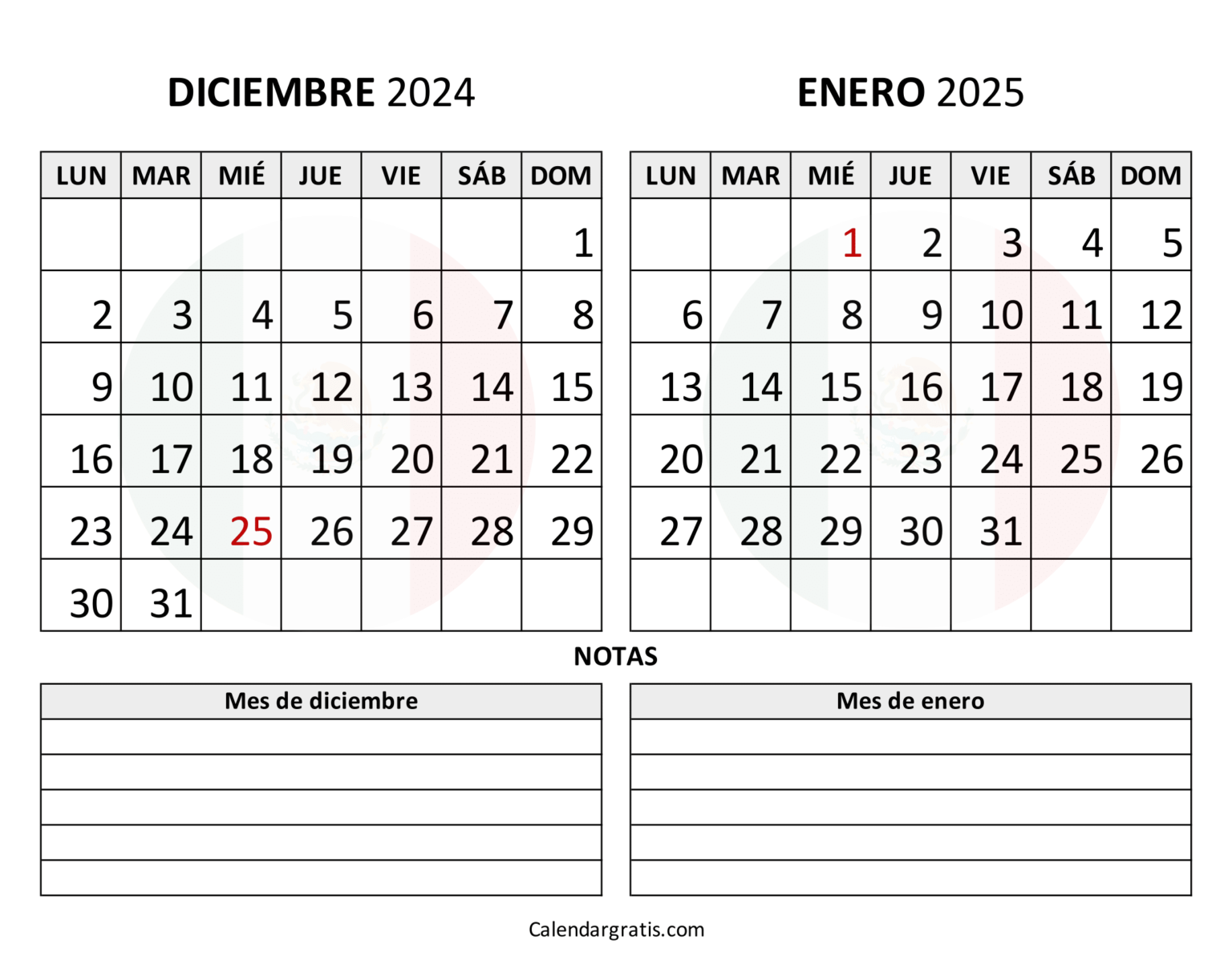 Calendario diciembre enero 2025 - Excel, PDF y PNG