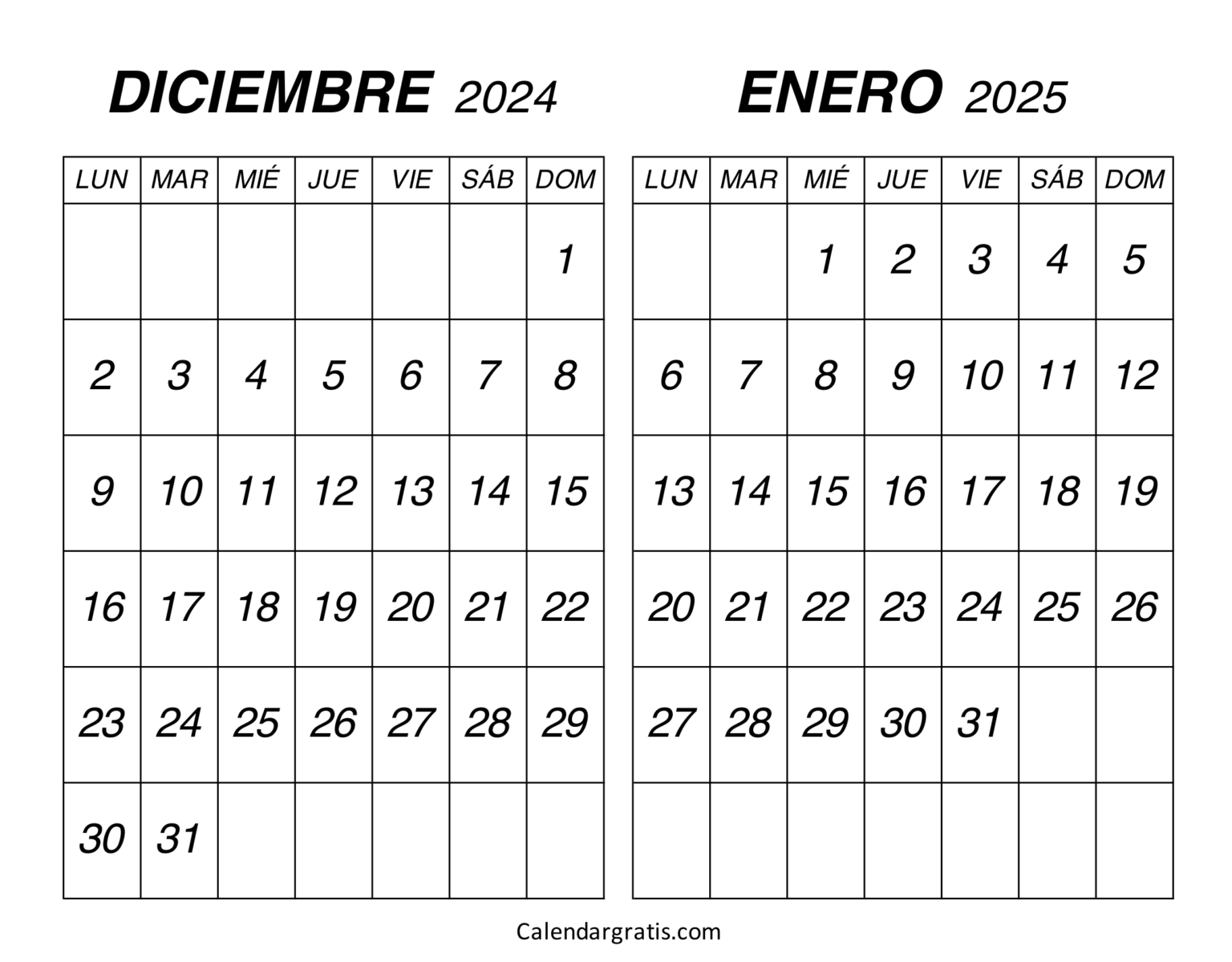 Calendario diciembre enero 2025 Excel, PDF y PNG