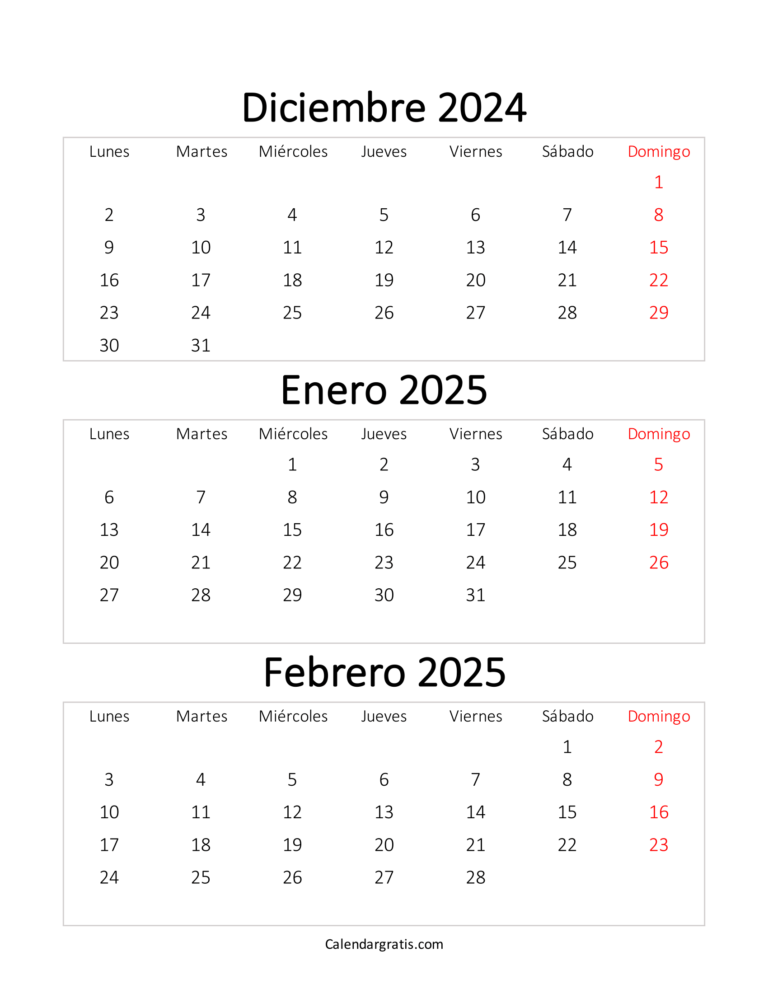Calendario diciembre enero y febrero 2025 Excel, PDF y PNG