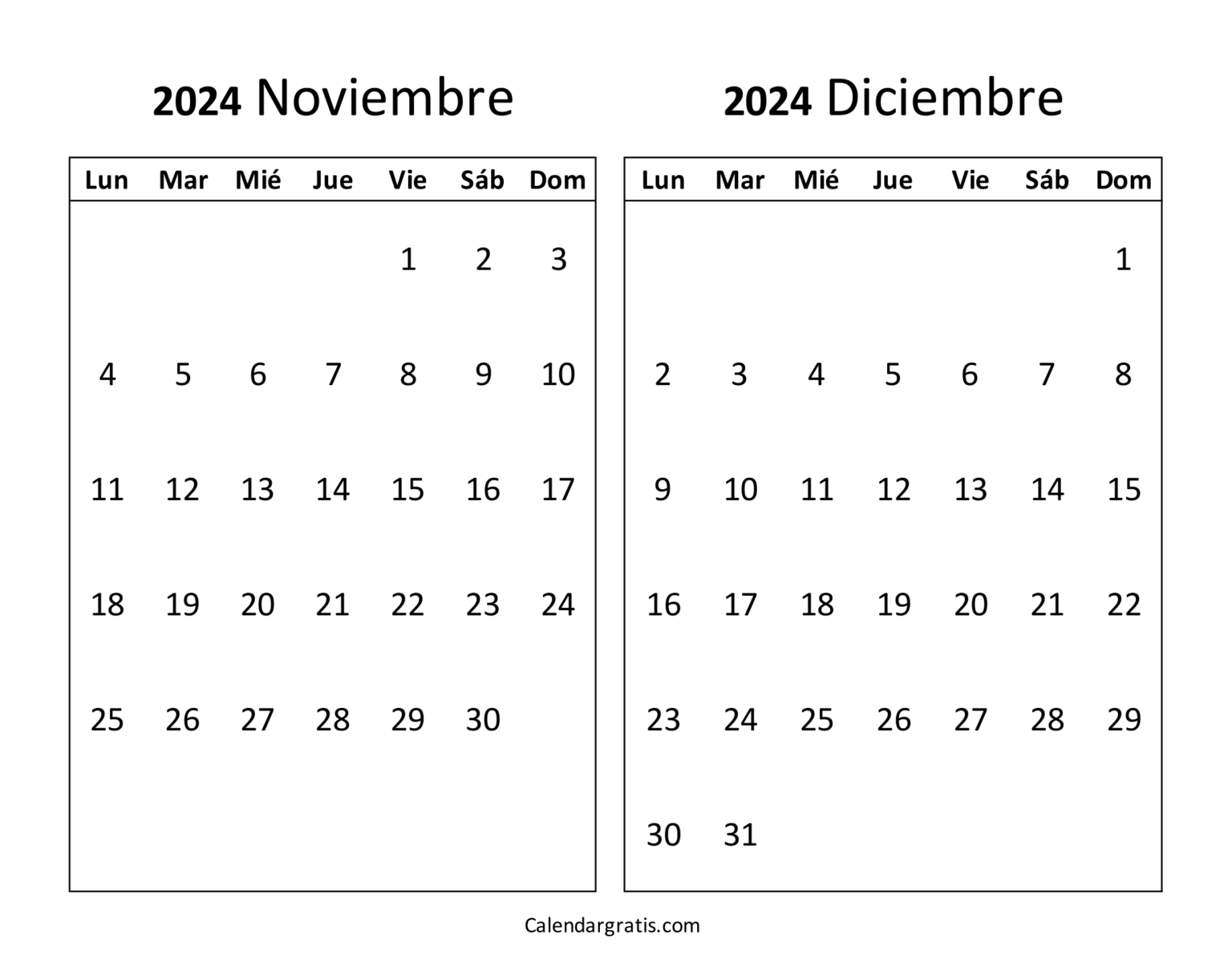 Calendario noviembre diciembre 2024 - Excel, PDF y PNG