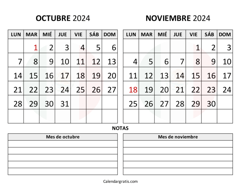 Calendario octubre noviembre 2024 - Excel, PDF y PNG | Calendar Gratis
