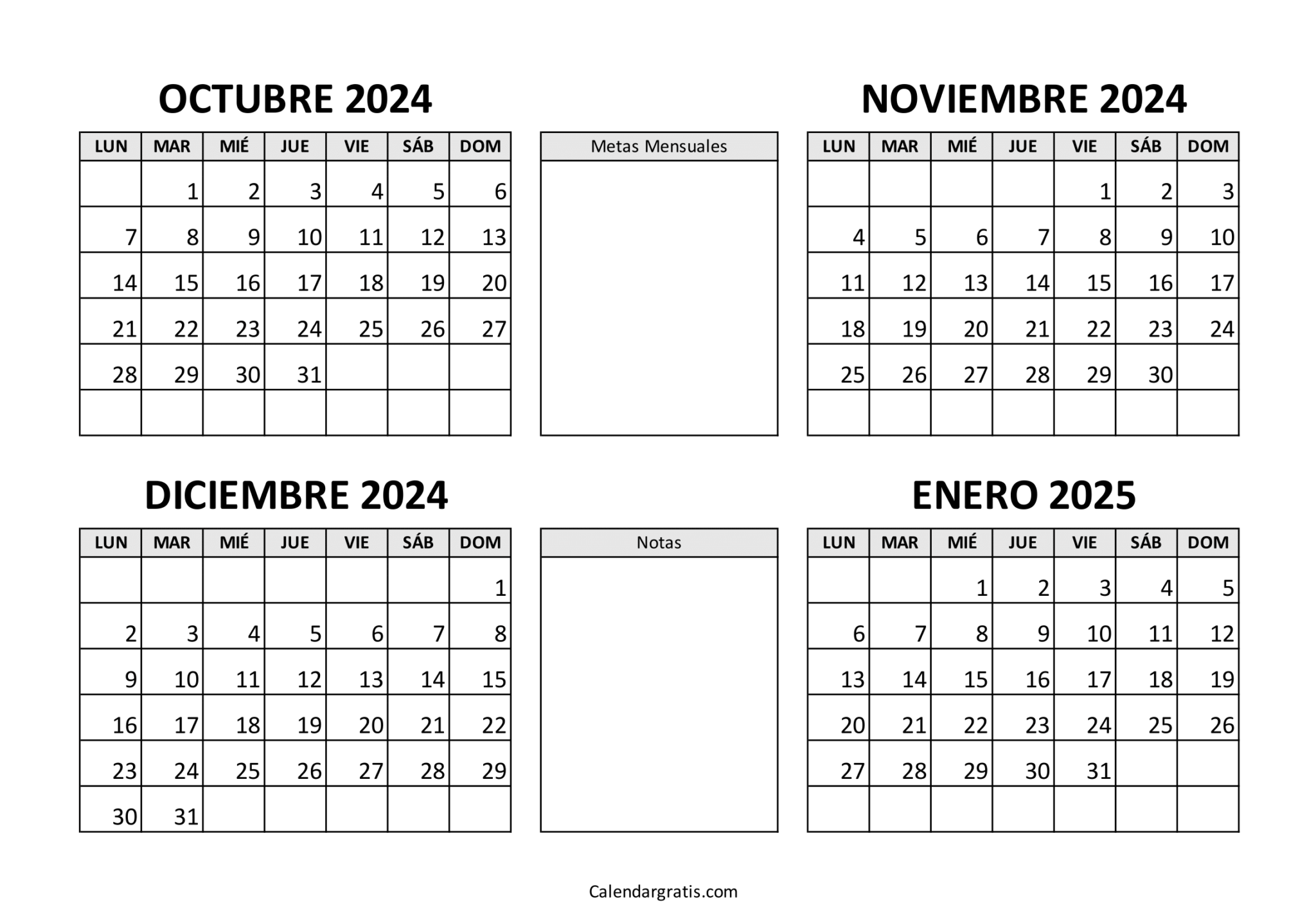 Calendario octubre noviembre diciembre enero 2025 Excel, PDF y PNG