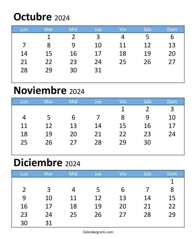 Calendario octubre noviembre y diciembre 2024 - Excel, PDF y PNG