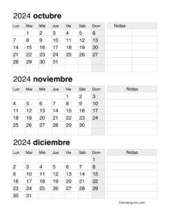 Calendario octubre noviembre y diciembre 2024 - Excel, PDF y PNG