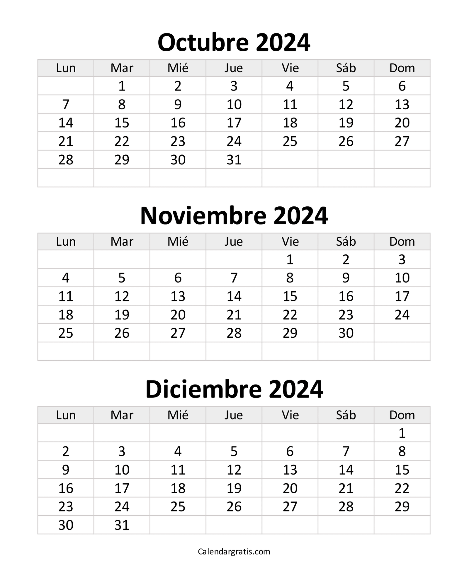 Calendario octubre noviembre y diciembre 2024 - Excel, PDF y PNG