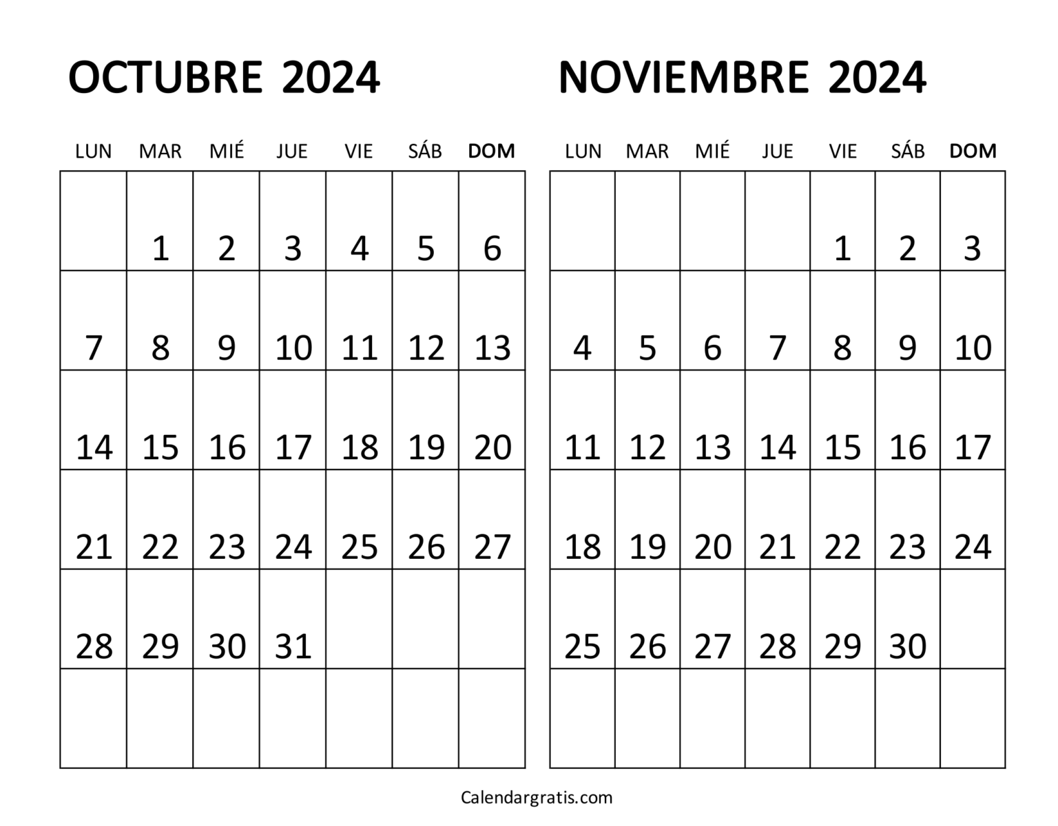 Calendario octubre y noviembre 2024 para imprimir gratis