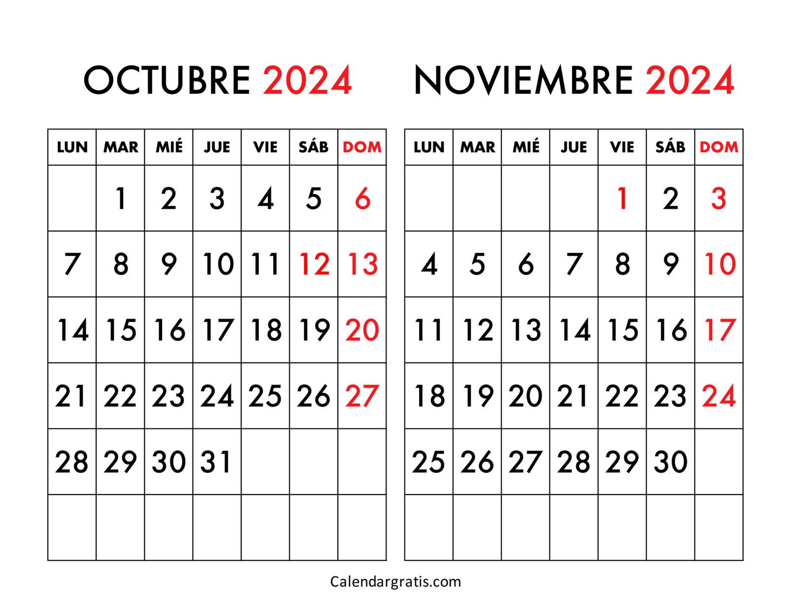 Calendario octubre y noviembre 2024 para imprimir gratis