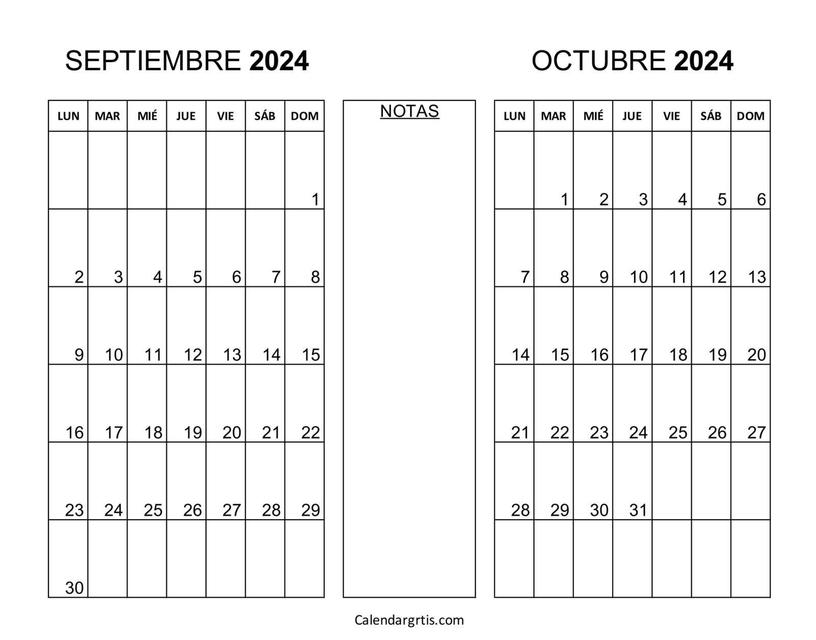 Calendario septiembre octubre 2024 - Excel, PDF y PNG
