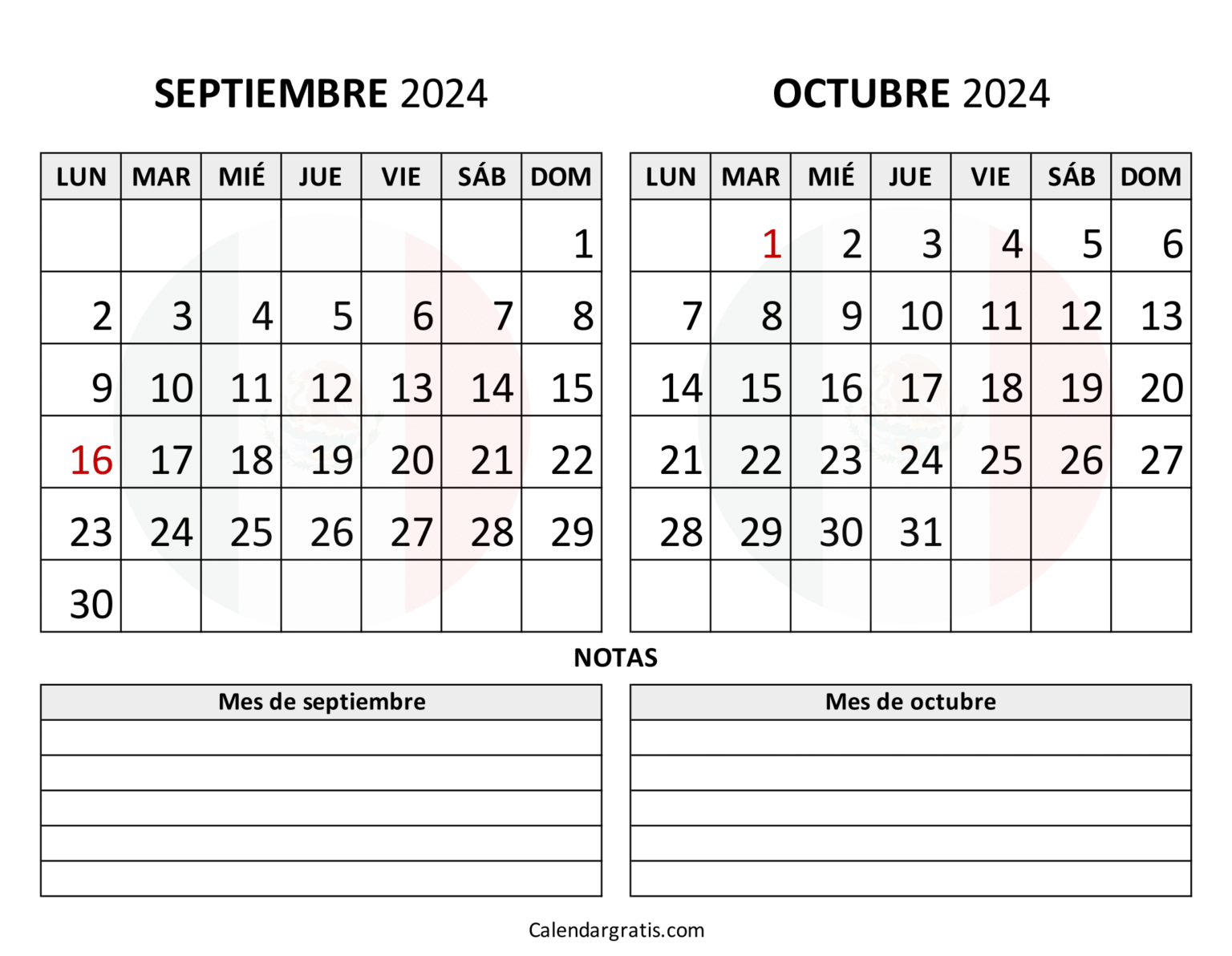 Calendario septiembre octubre 2024 - Excel, PDF y PNG