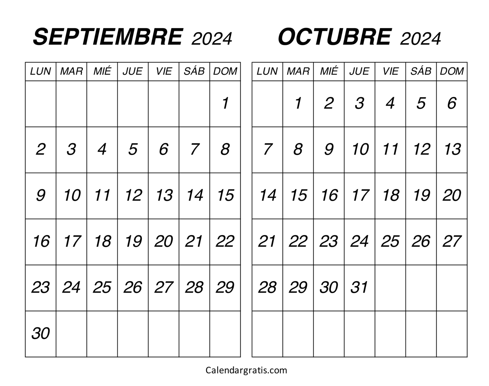 Calendario septiembre octubre 2024 - Excel, PDF y PNG