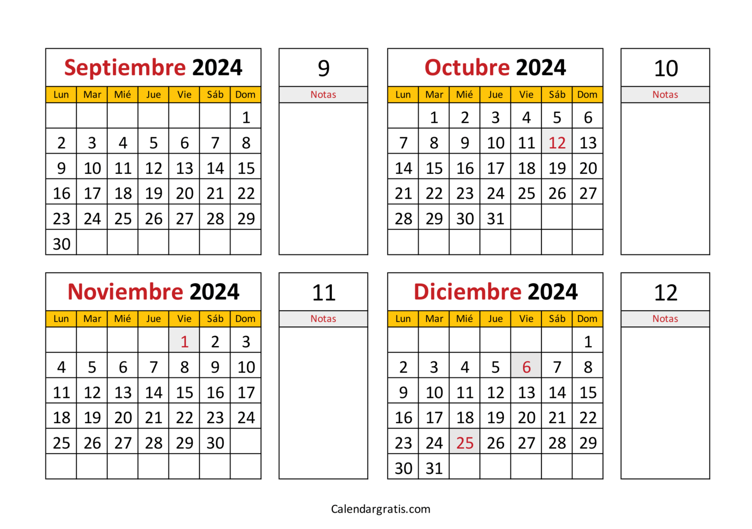Calendario septiembre octubre noviembre diciembre 2024 - Excel, PDF y PNG