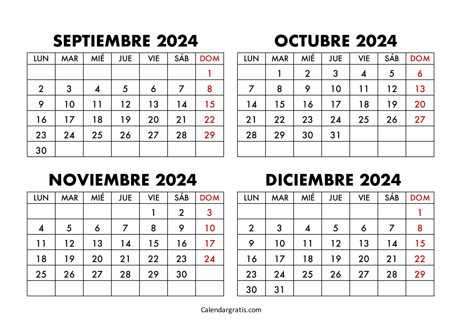 Calendario septiembre octubre noviembre diciembre 2024 - Excel, PDF y PNG