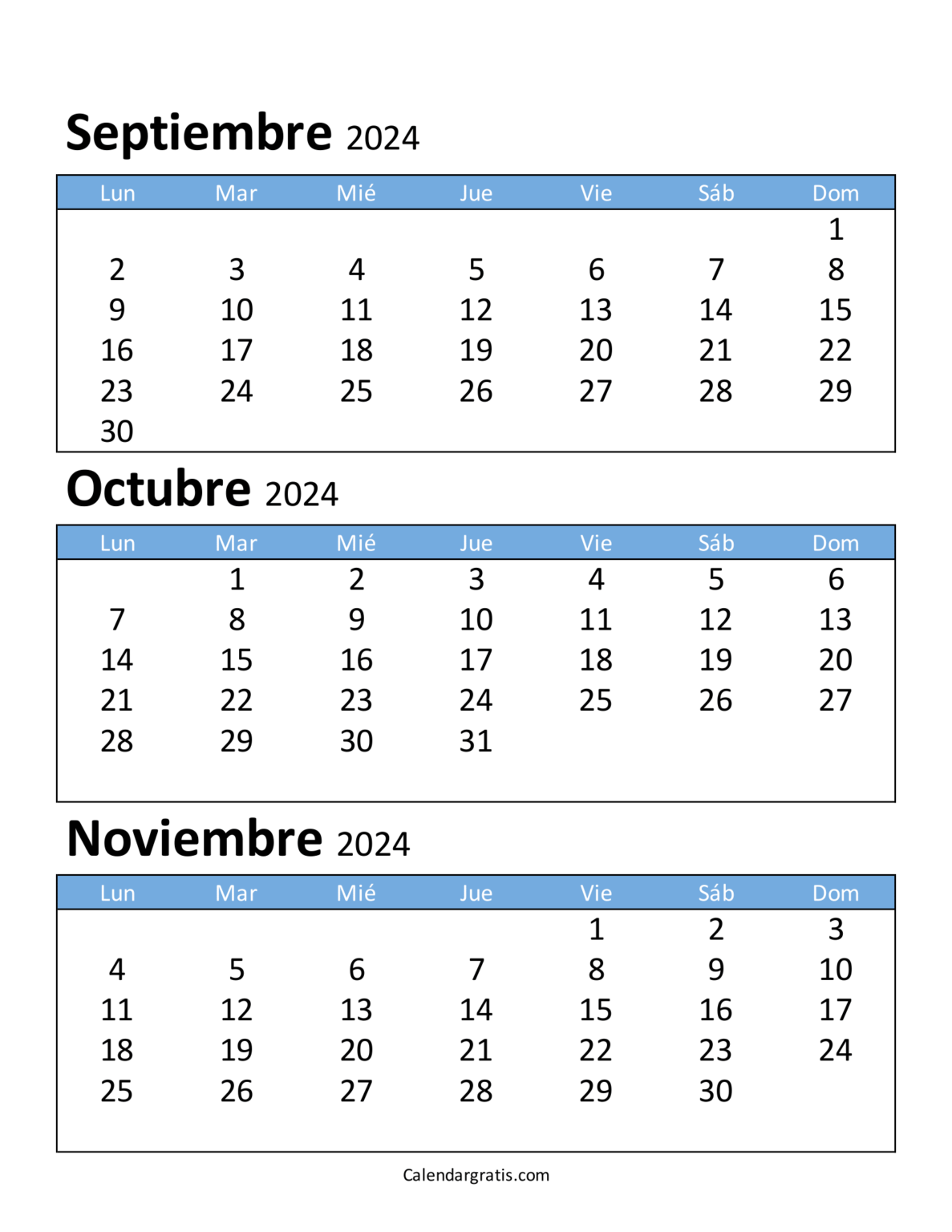 Calendario septiembre octubre y noviembre 2024 - Excel, PDF y PNG