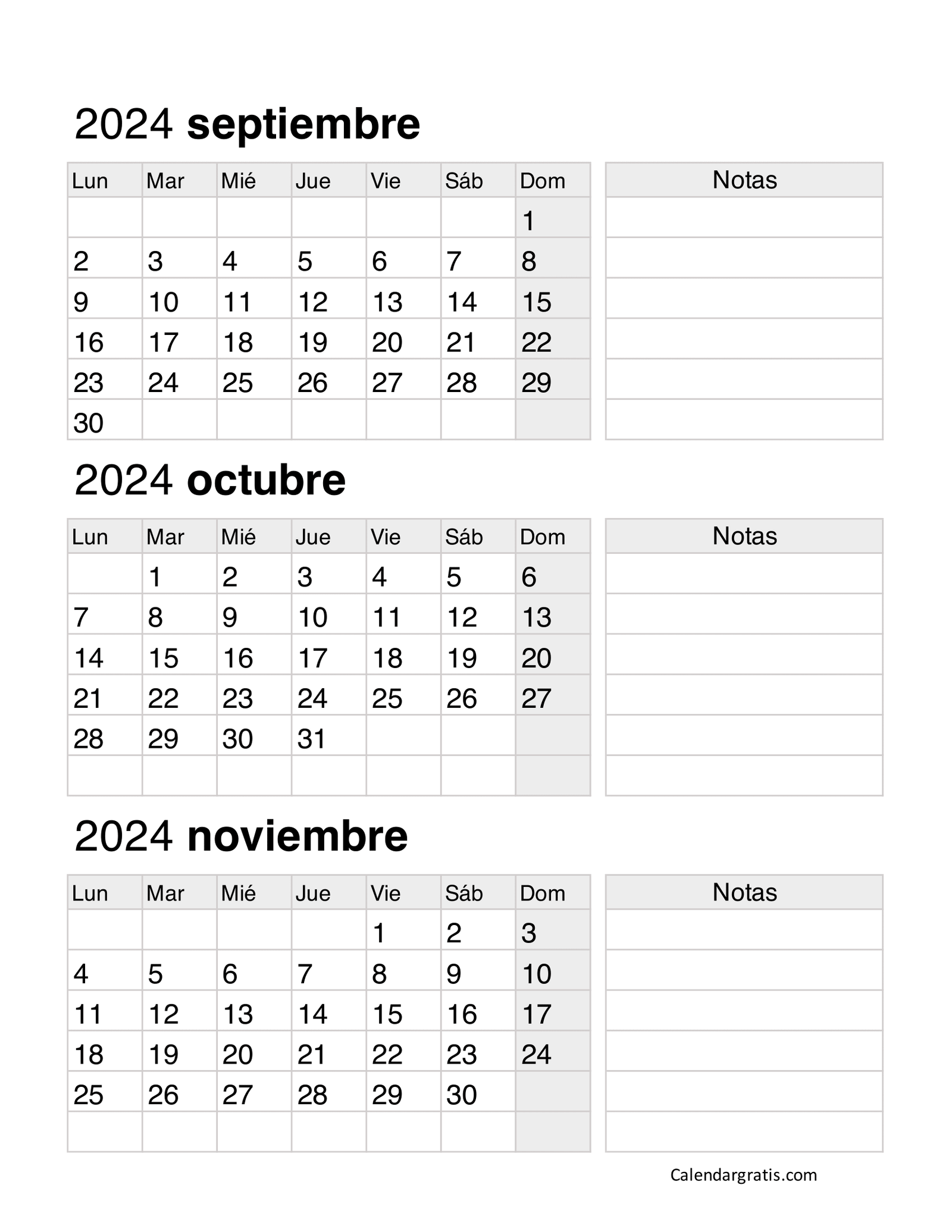 Calendario septiembre octubre y noviembre 2024 - Excel, PDF y PNG