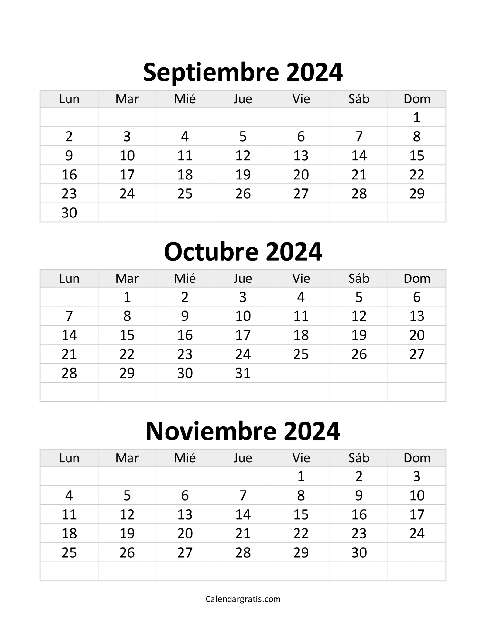 Calendario septiembre octubre y noviembre 2024 - Excel, PDF y PNG