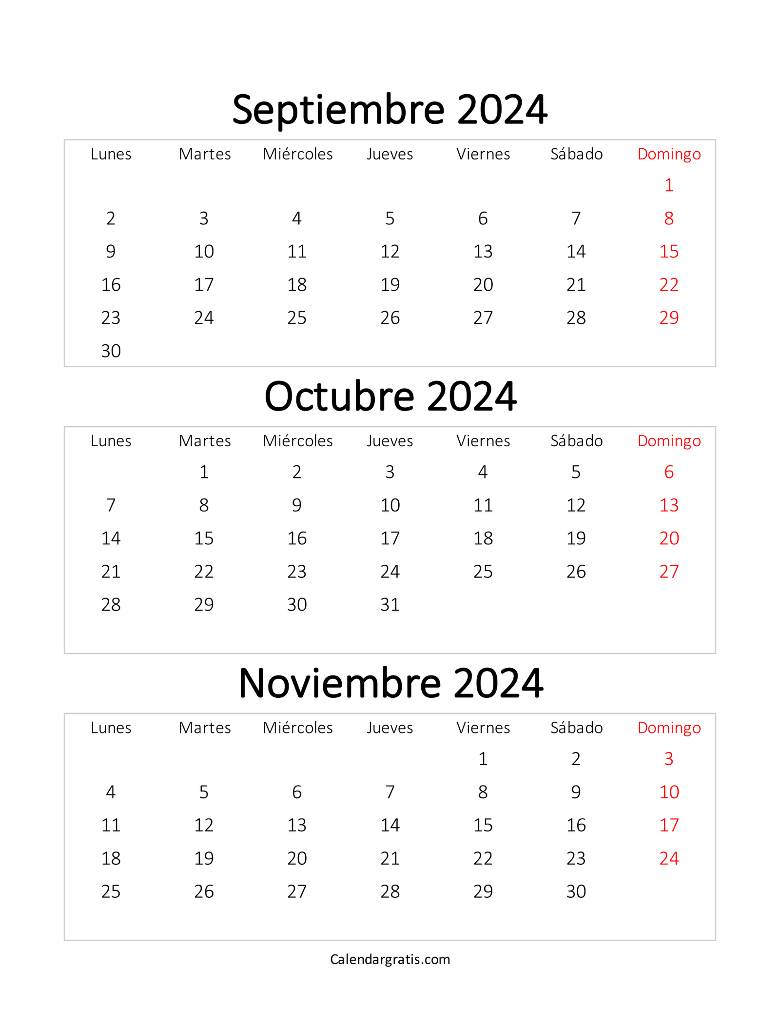 Calendario septiembre octubre y noviembre 2024 - Excel, PDF y PNG