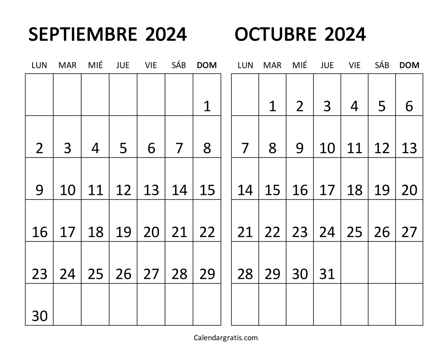 Calendario septiembre y octubre 2024 para imprimir gratis