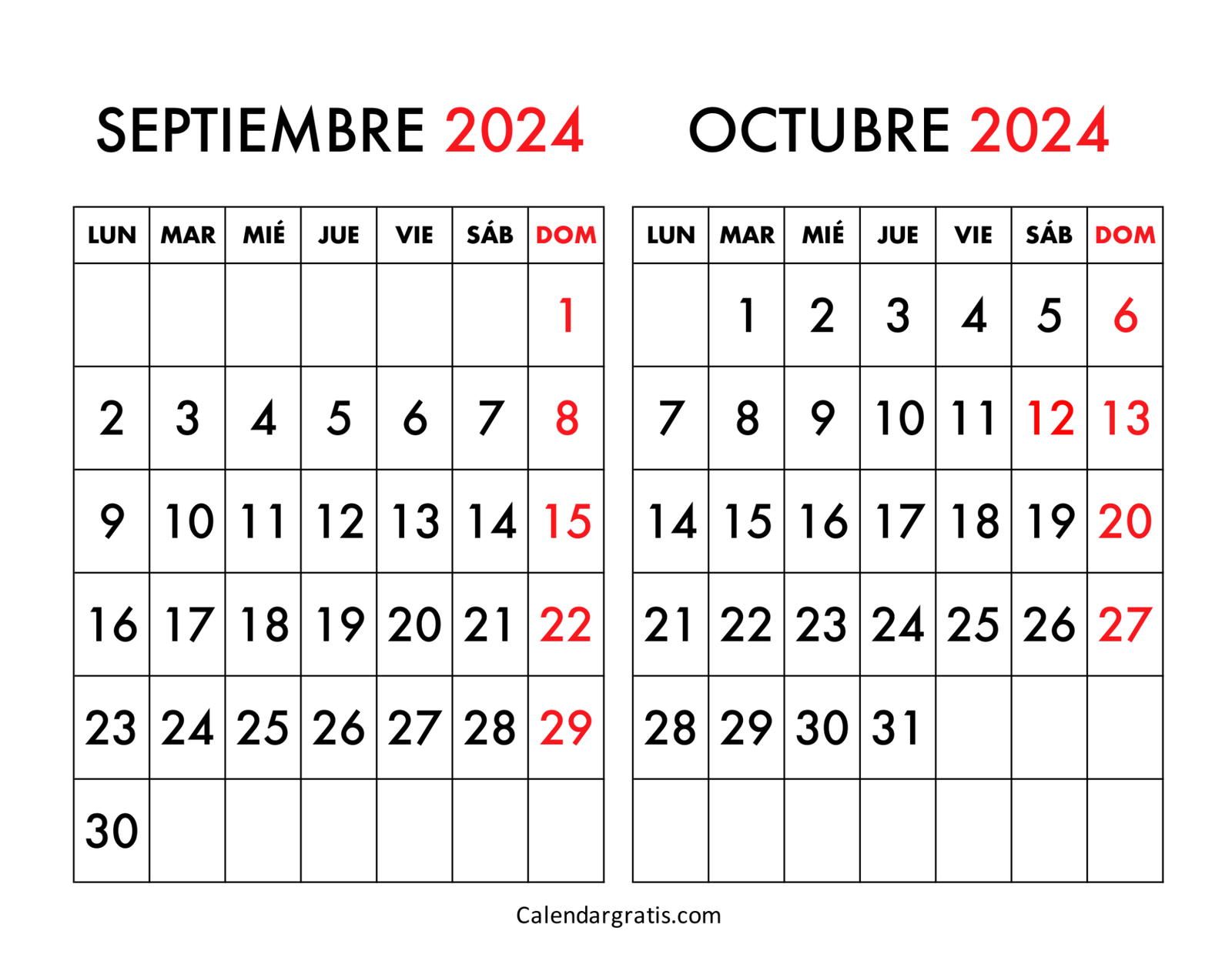 Calendario septiembre y octubre 2024 para imprimir gratis