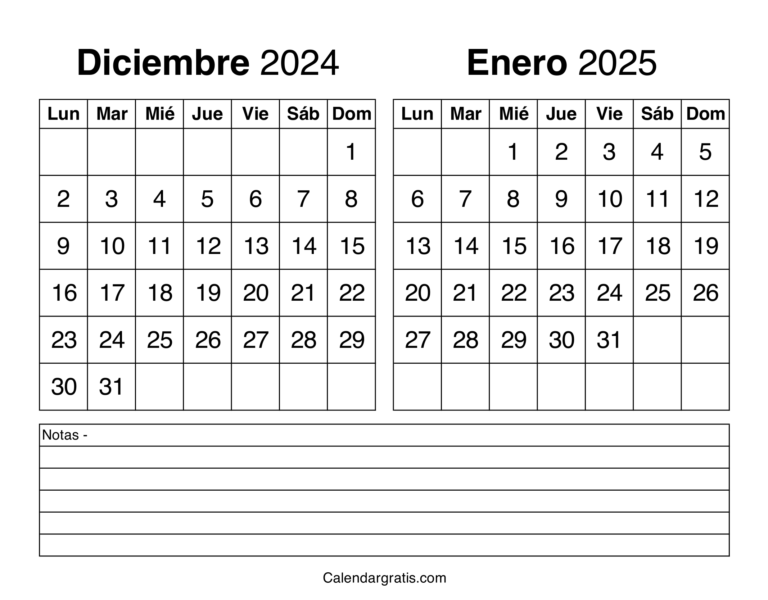 Diciembre enero 2025 calendario para imprimir - Excel, PDF y PNG