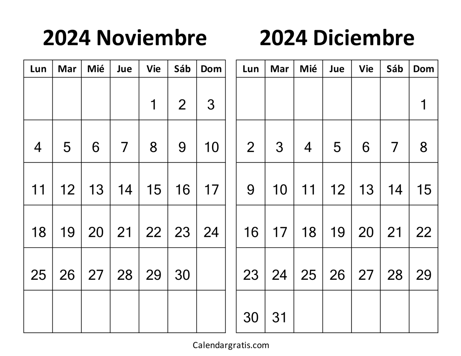 Noviembre diciembre 2024 calendario para imprimir - Excel, PDF y PNG