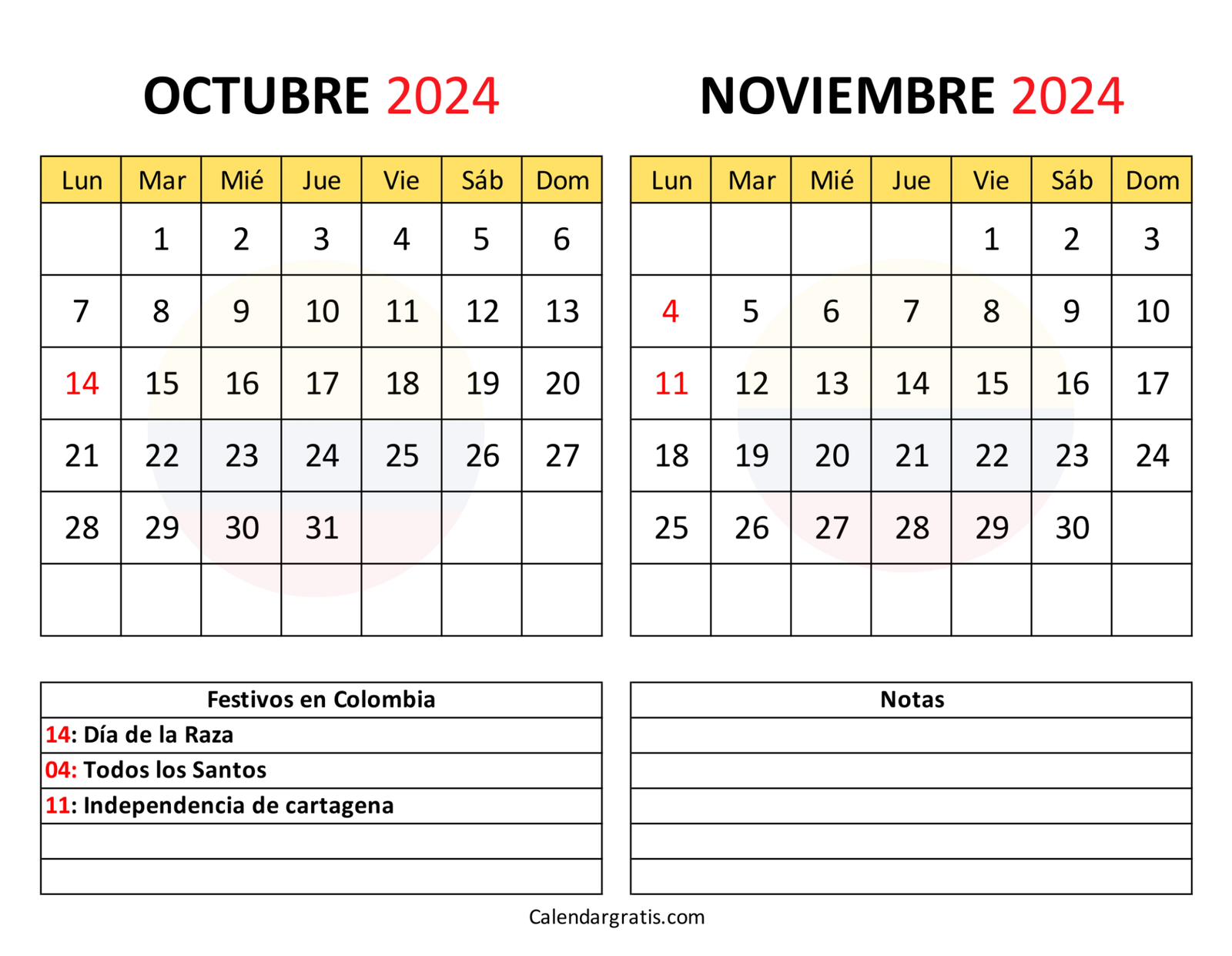 Octubre noviembre 2024 calendario para imprimir - Excel, PDF y PNG