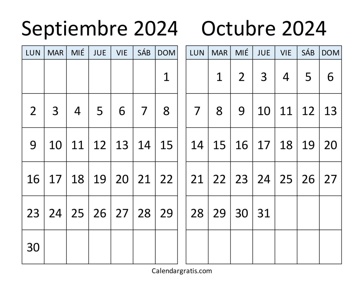 Septiembre octubre 2024 calendario para imprimir - Excel, PDF y PNG