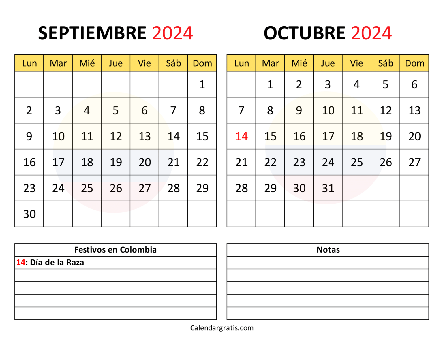 Septiembre octubre 2024 calendario para imprimir - Excel, PDF y PNG