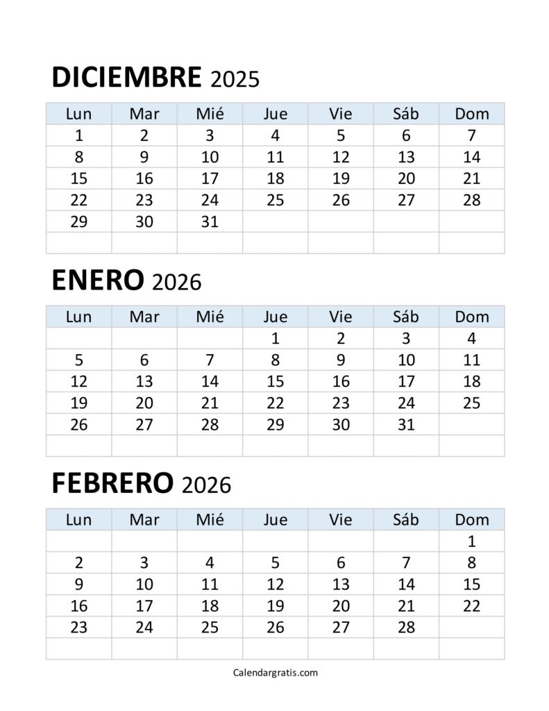 calendario diciembre 2025 enero febrero 2026