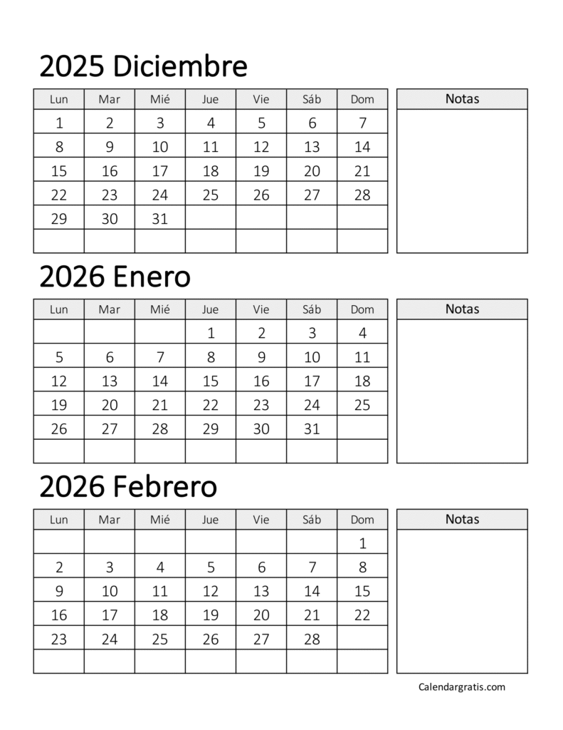 calendario diciembre 2025 enero febrero 2026 con notas