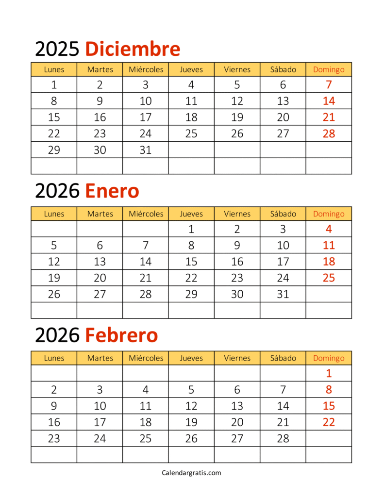 calendario diciembre 2025 enero febrero 2026 con números grandes