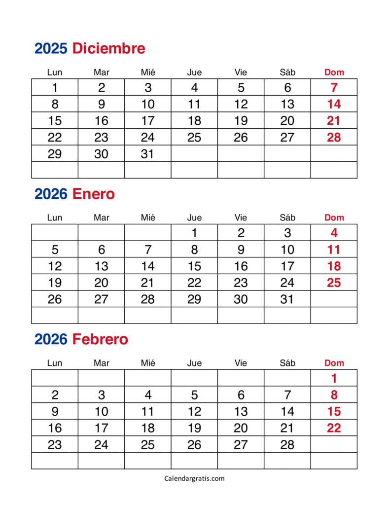 calendario diciembre 2025 enero febrero 2026 descargar