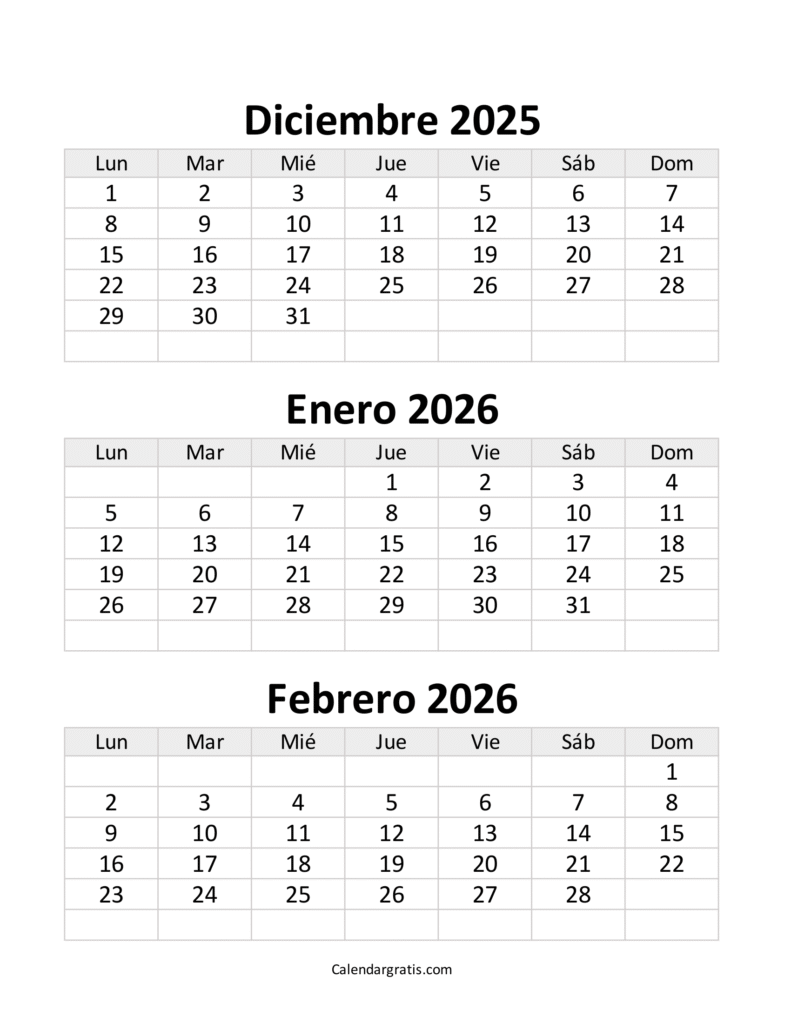 calendario diciembre 2025 enero febrero 2026 en blanco y negro